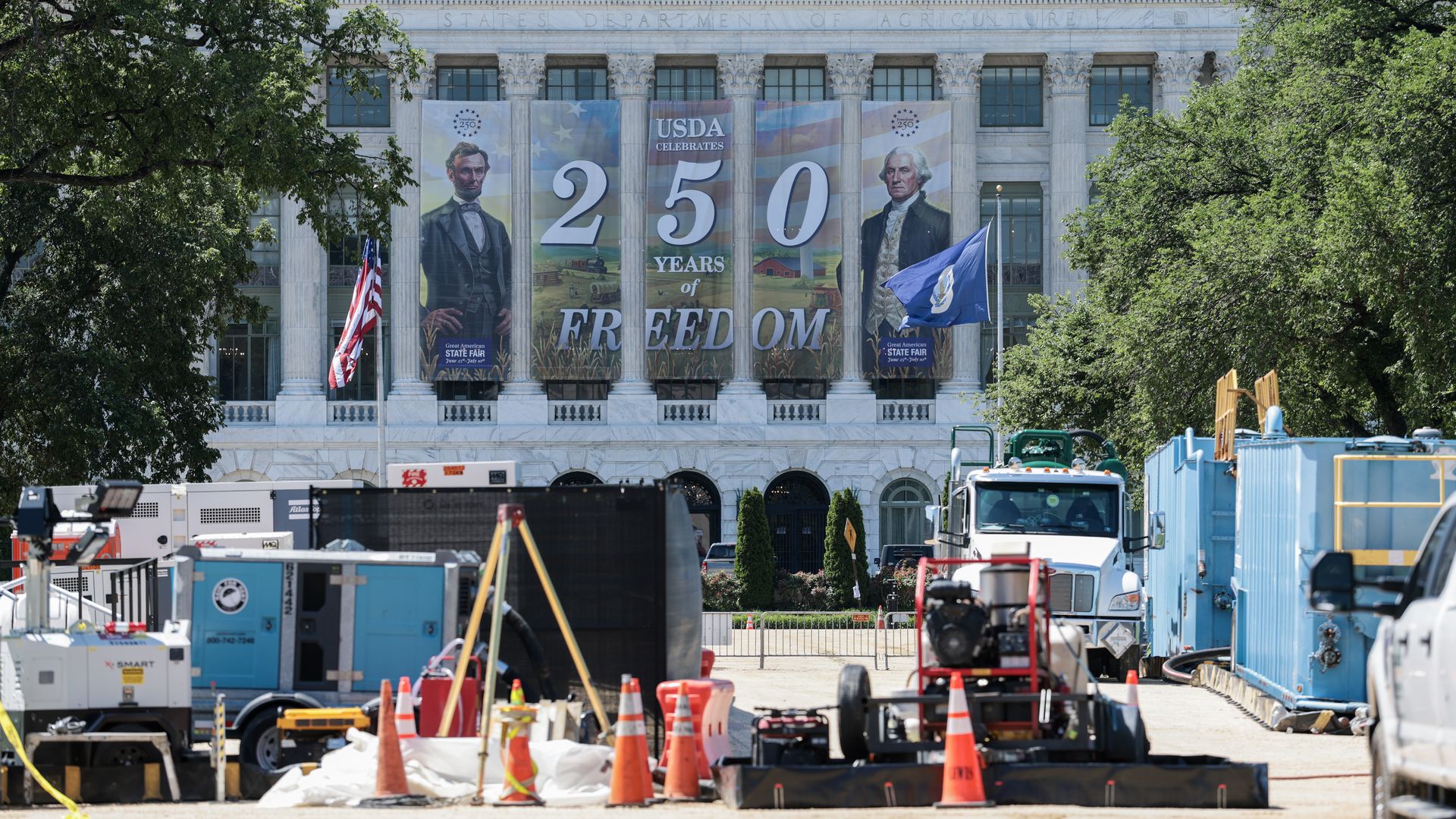 Workers continue to build the Freedom 250's Great American State Fair on the National Mall on May 28, 2026 in Washington, DC. Construction continues for the Great American State Fair, the 16 day World's Fair-scale celebration of America's 250th birthday which will run from June 25 to July 10, 2026.