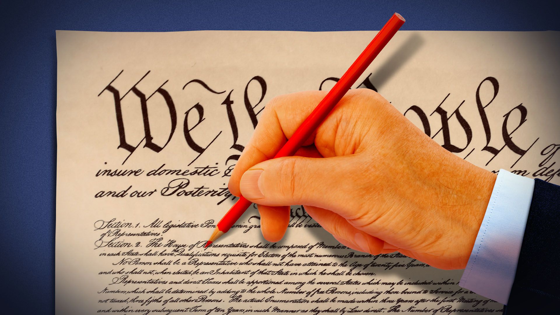 Illustration of a hand in a suit holding a red pencil over the Constitution