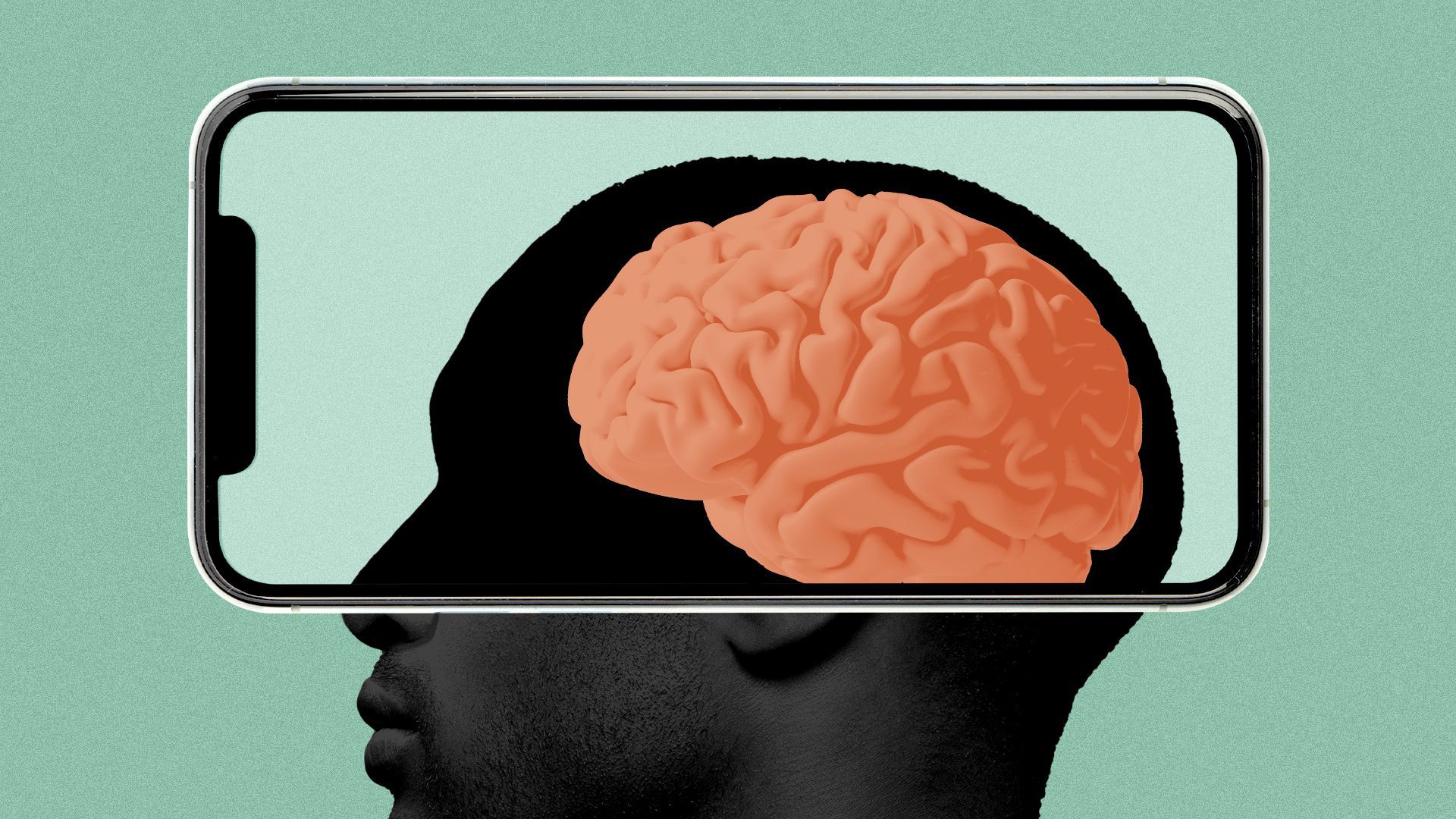 Illustration of a man in profile with a phone over the top half of his head revealing a view of his brain.