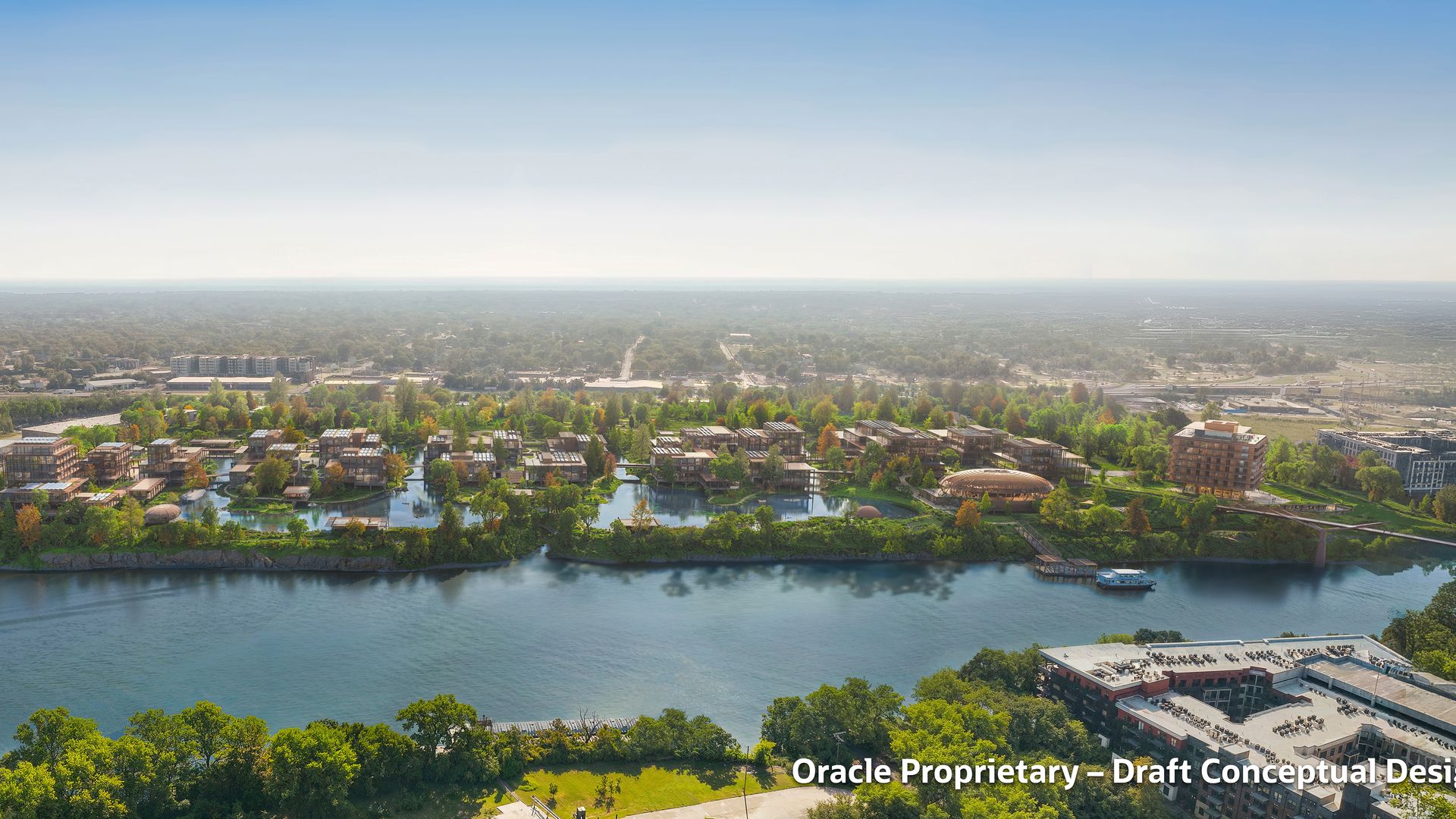 Aerial view of Oracle's proposed East Bank campus.