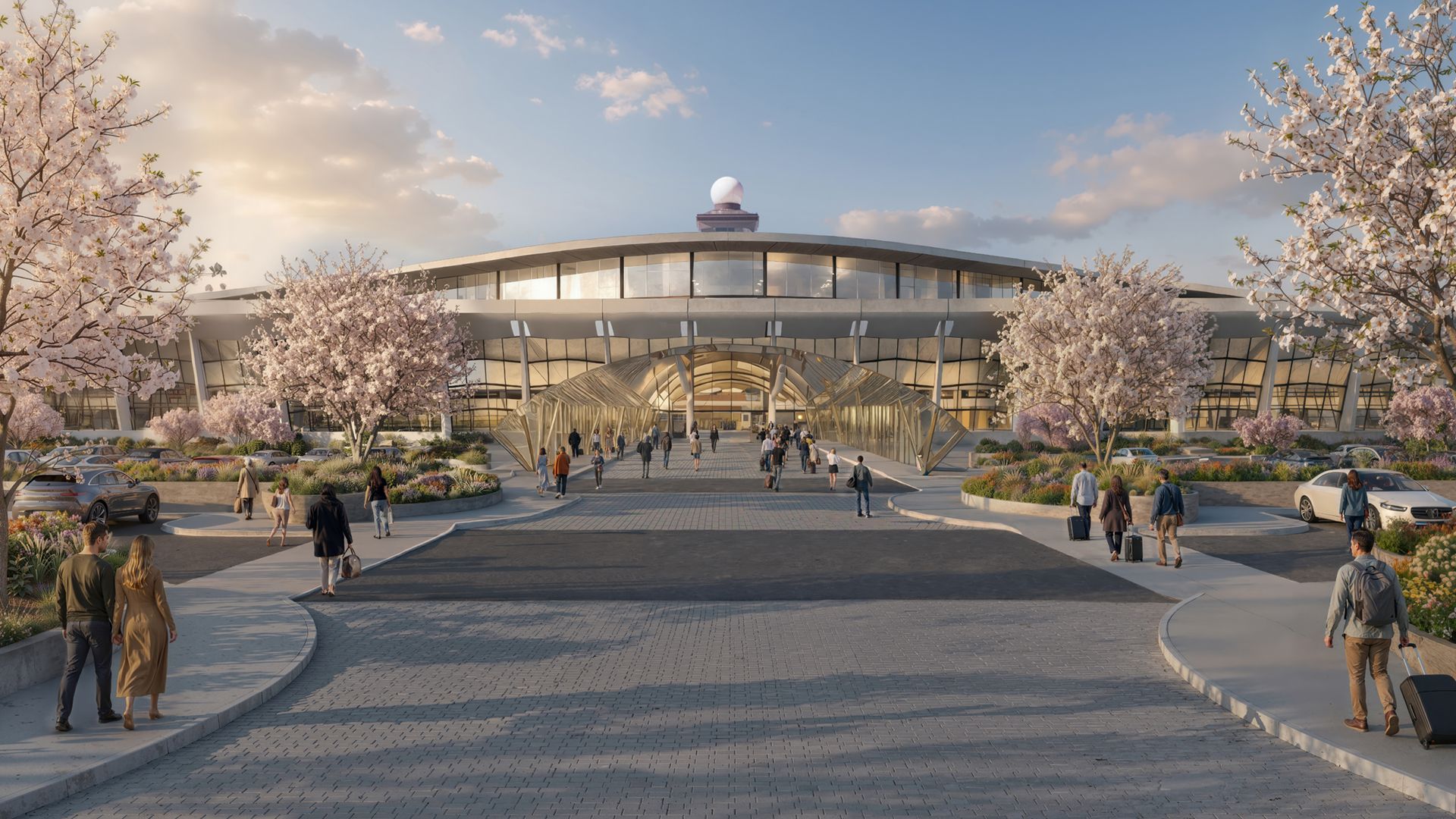 Modern curved building with large glass facade; pink cherry blossom trees line a wide walkway; people stroll toward a glass arch entrance under a blue sky.