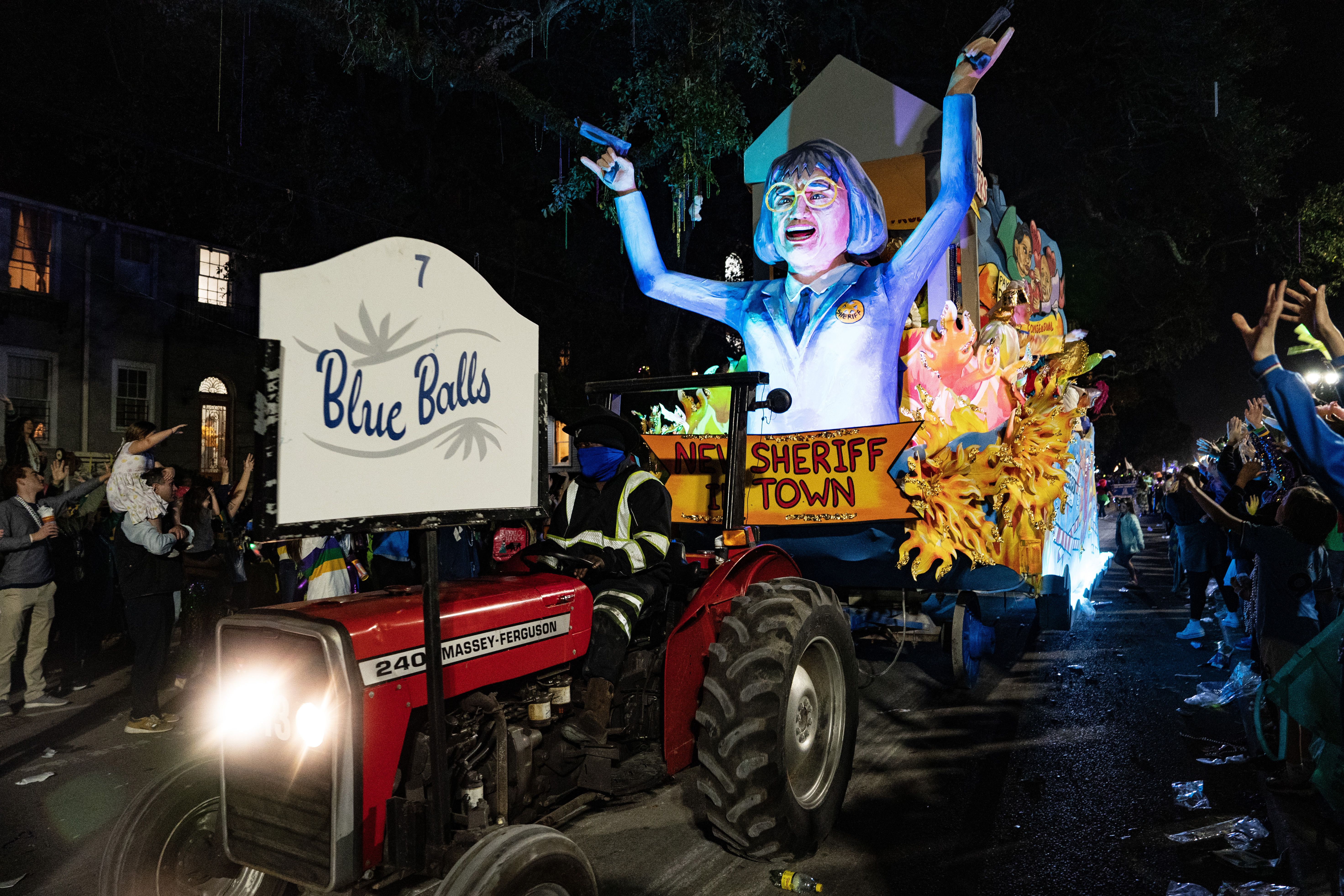 Photo shows an Anne Kirkpatrick float in the Knights of Chaos parade