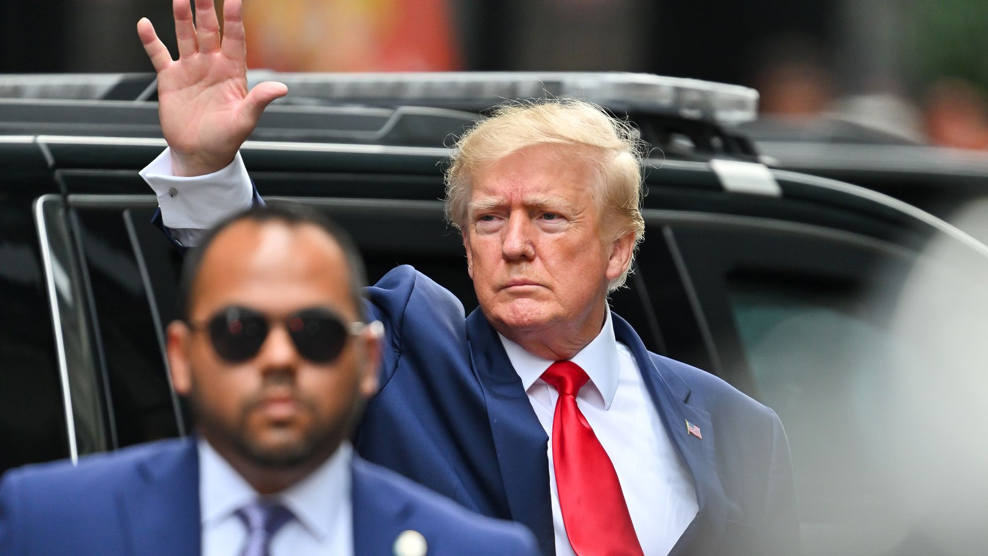Former U.S. President Donald Trump leaves Trump Tower to meet with New York Attorney General Letitia James for a civil investigation on August 10, 2022 in New York City