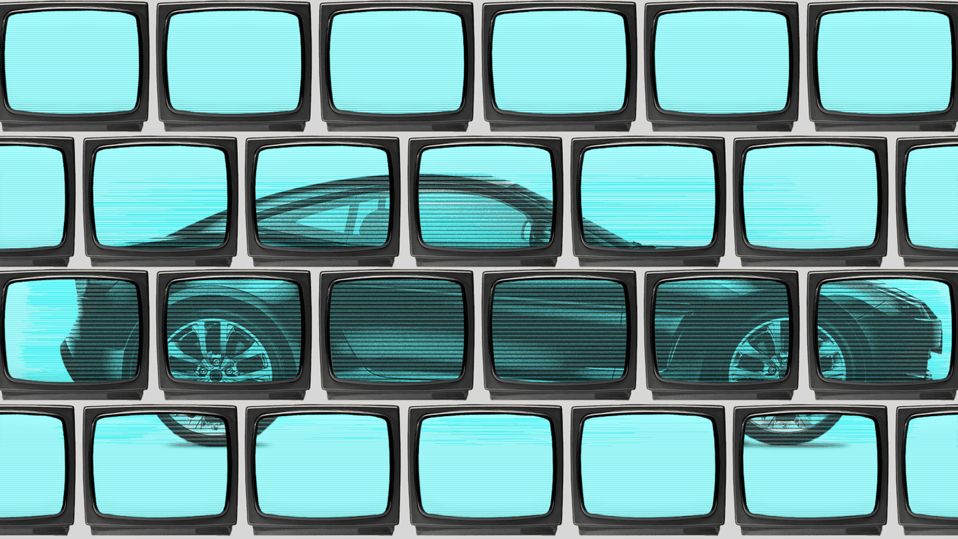 Illustration of a car as seen through a series of TV screens