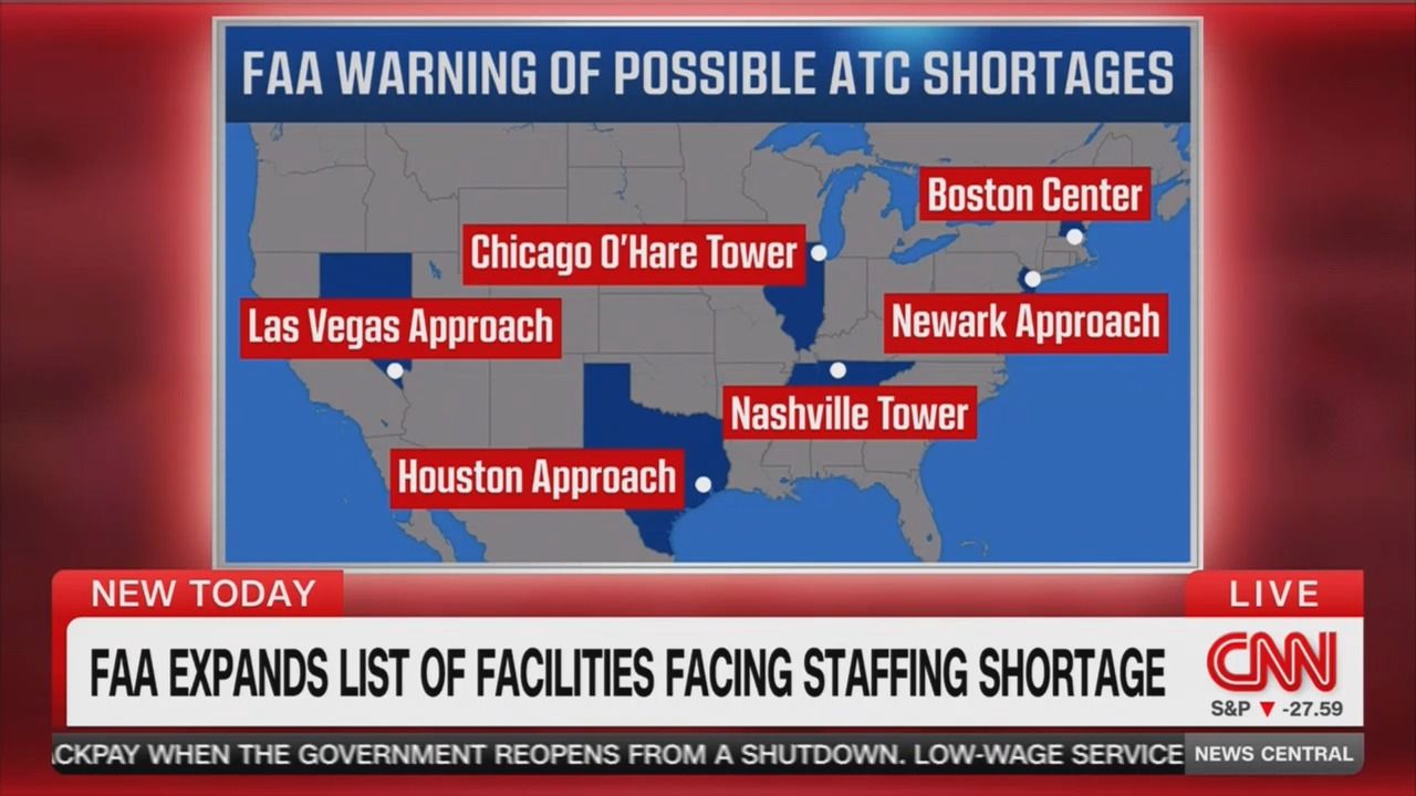 Map of the US highlighting FAA air traffic control facilities with staffing shortages: Chicago O'Hare Tower, Las Vegas Approach, Houston Approach, Nashville Tower, Boston Center, Newark Approach.