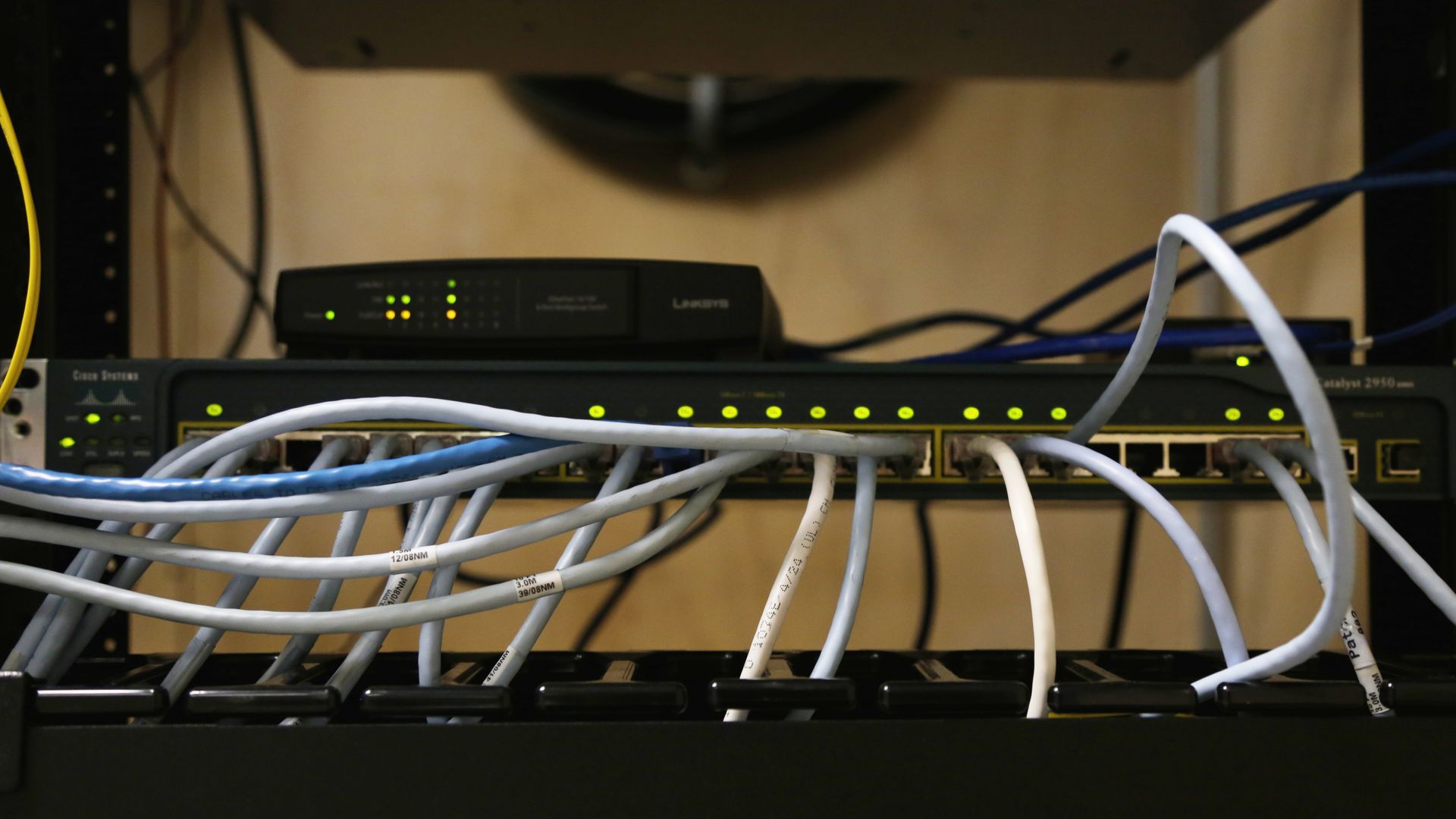 Cables and lights on a router.