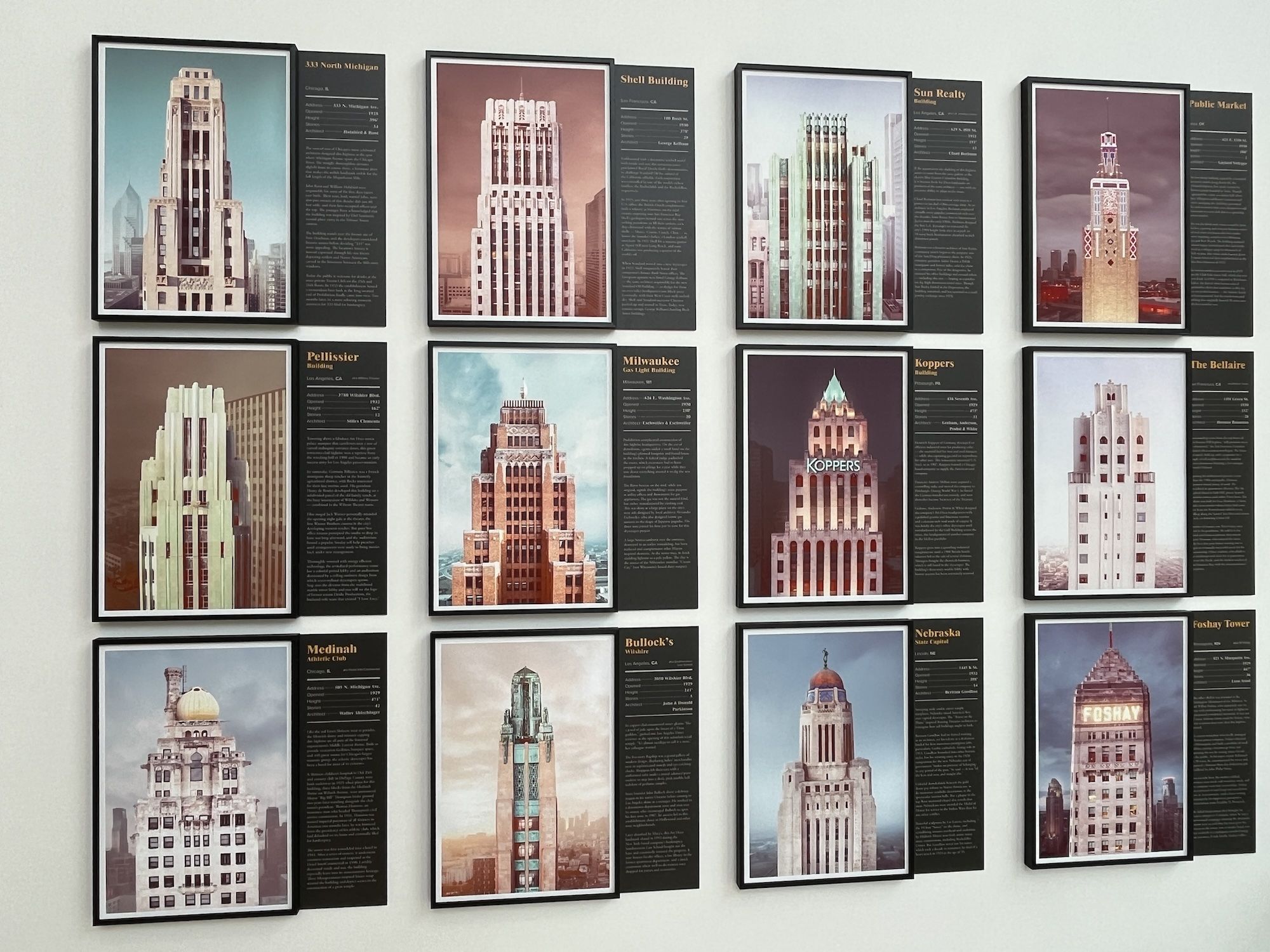 Framed photographs in three rows of four of Art Deco buildings. 