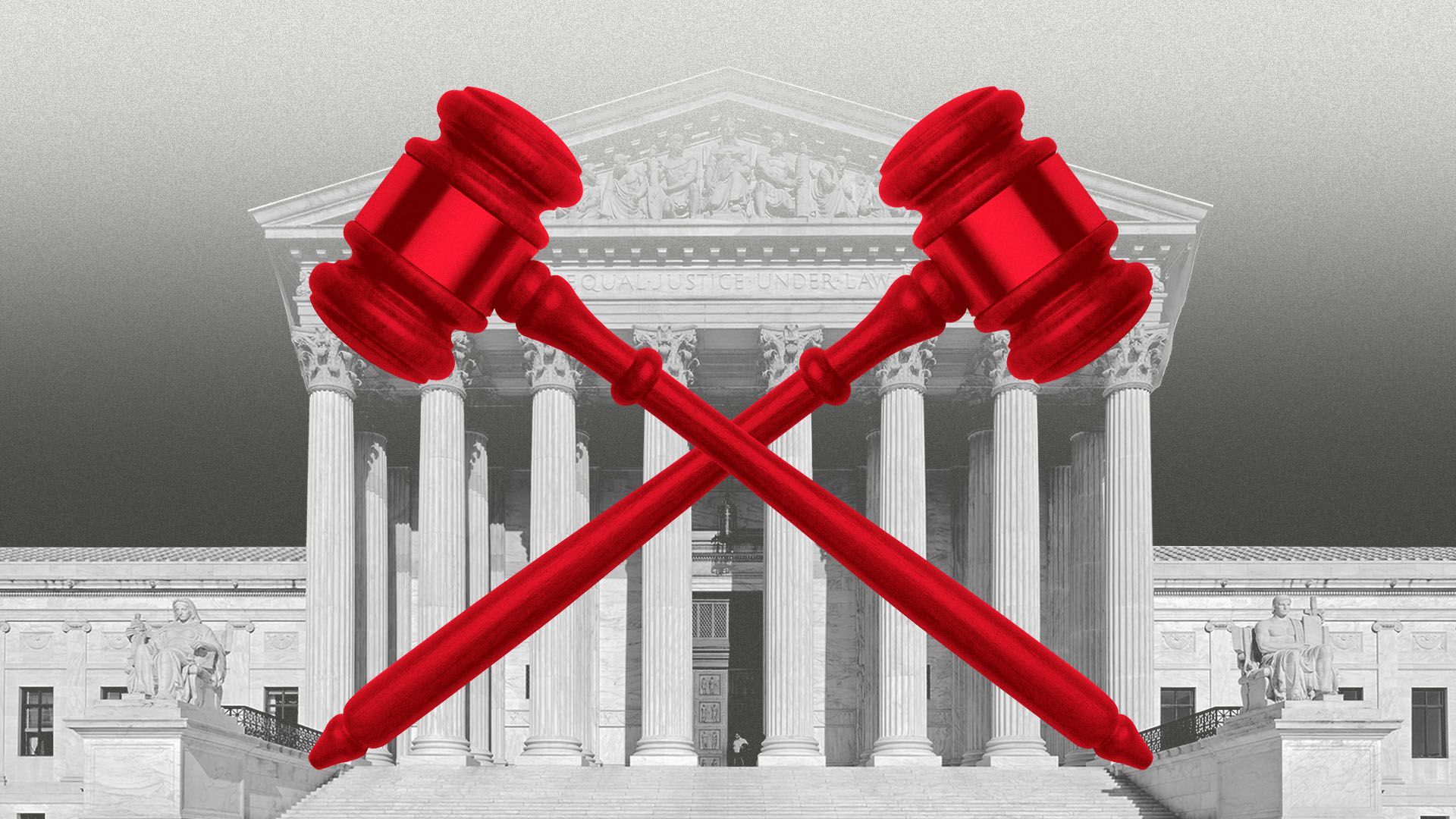 Illustration of two gavels forming an x in front of the Supreme Court building 