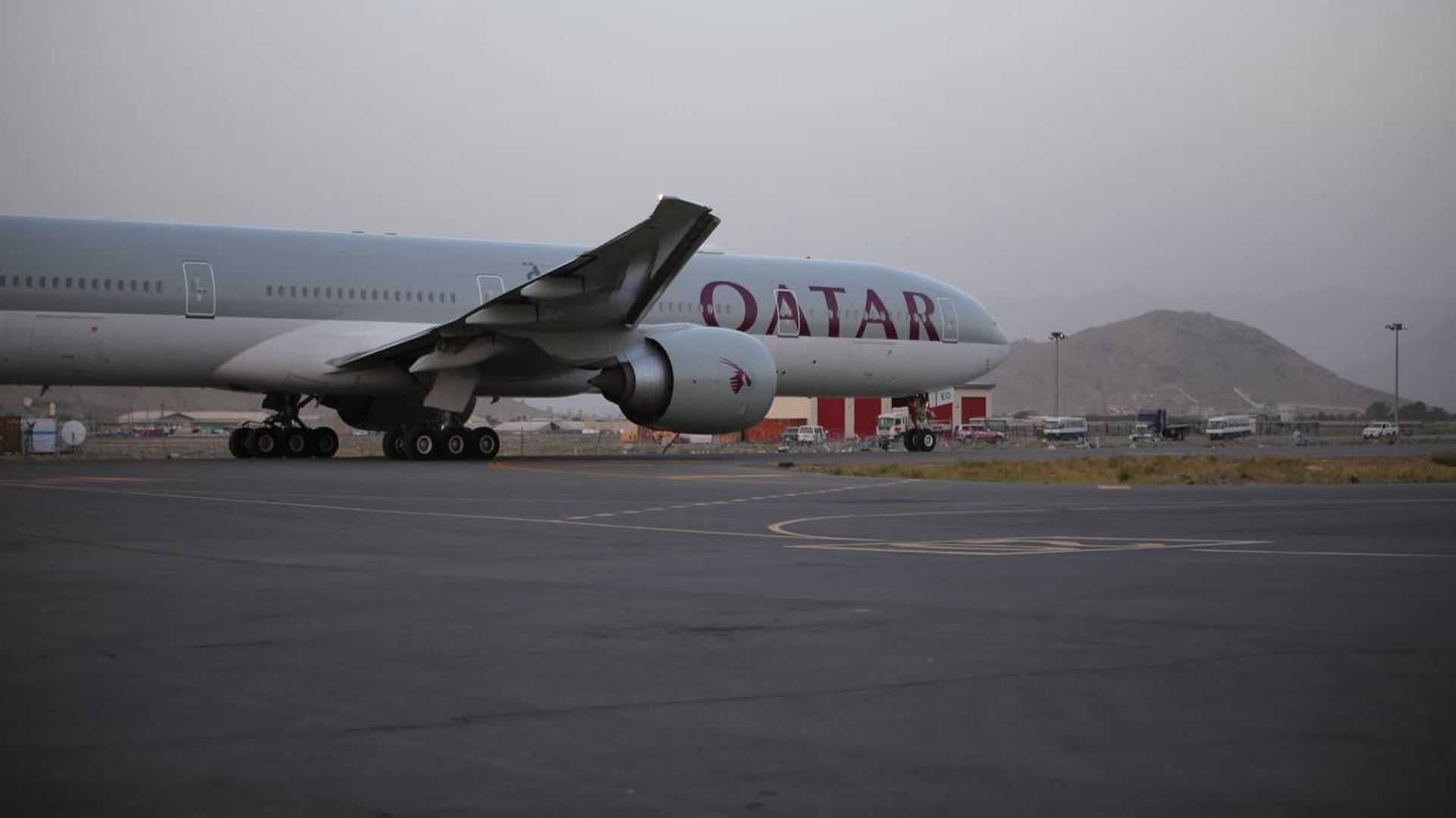 An Airplane belongs to Qatar carrying 150 people, including US and Canadian citizens departs for Qatar's capital Doha from Hamid Karzai International Airport, in Kabul, Afghanistan .