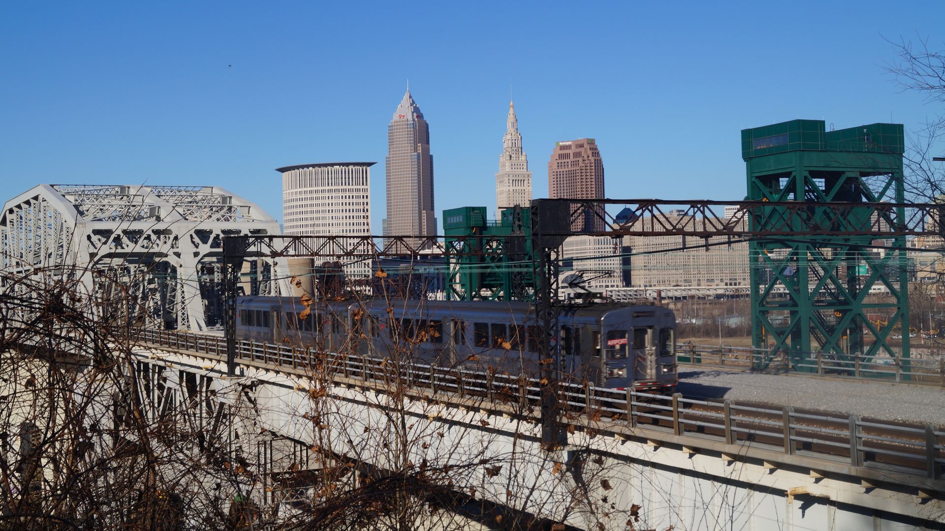 The RTA Red Line with the Cleveland skyline in the background