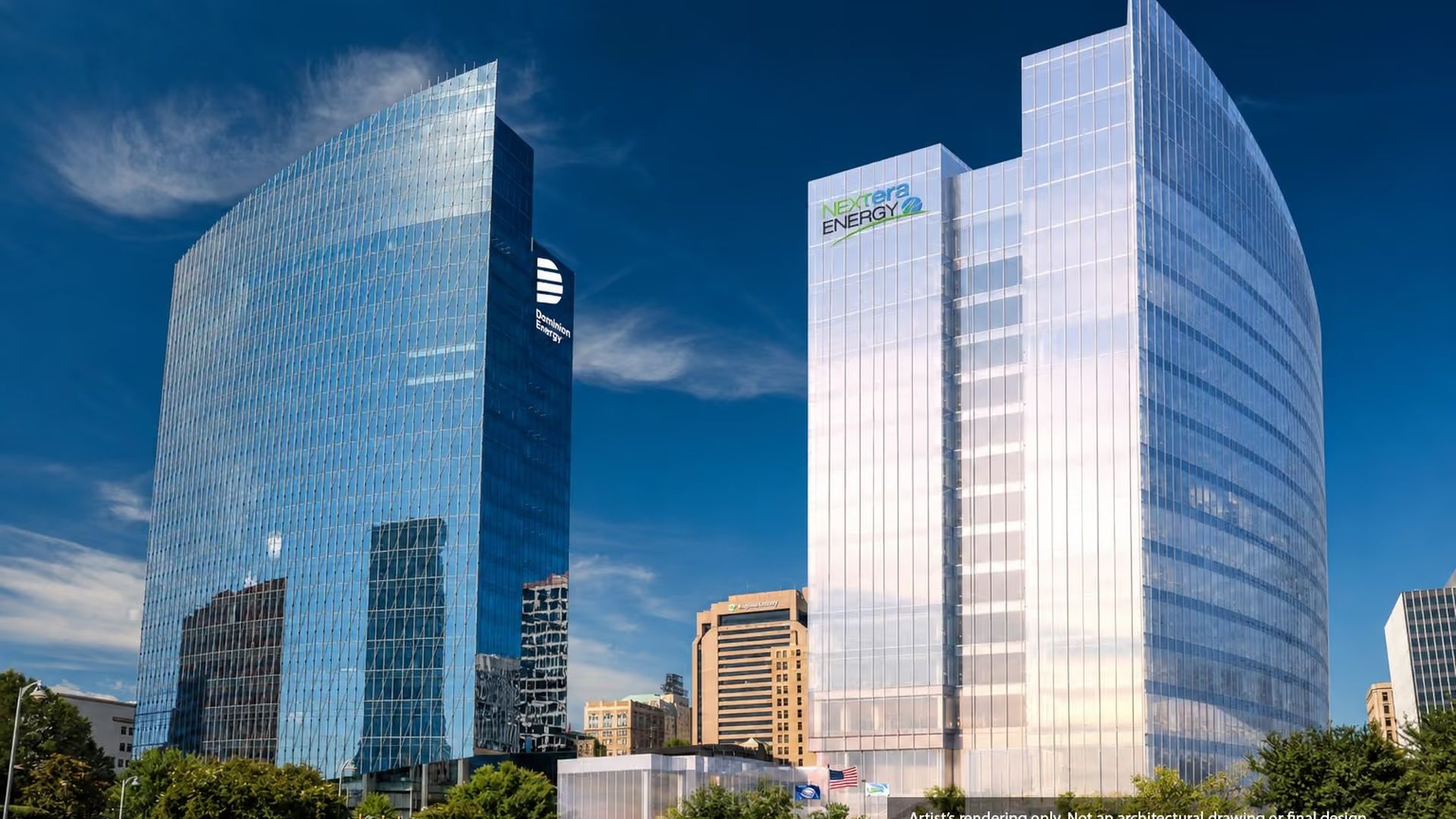 Two glass skyscrapers rise against a deep blue sky; left dark blue-tinted tower with a white logo, right silver-tinted tower bearing the NextEra Energy logo, with trees and a grassy foreground.