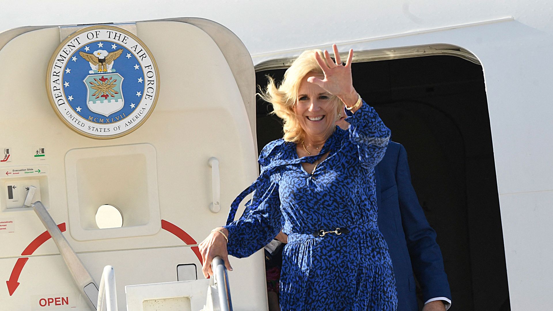 First Lady Jill Biden disembarking a plane at an airport in Nairobi, Kenya, on Feb. 24.