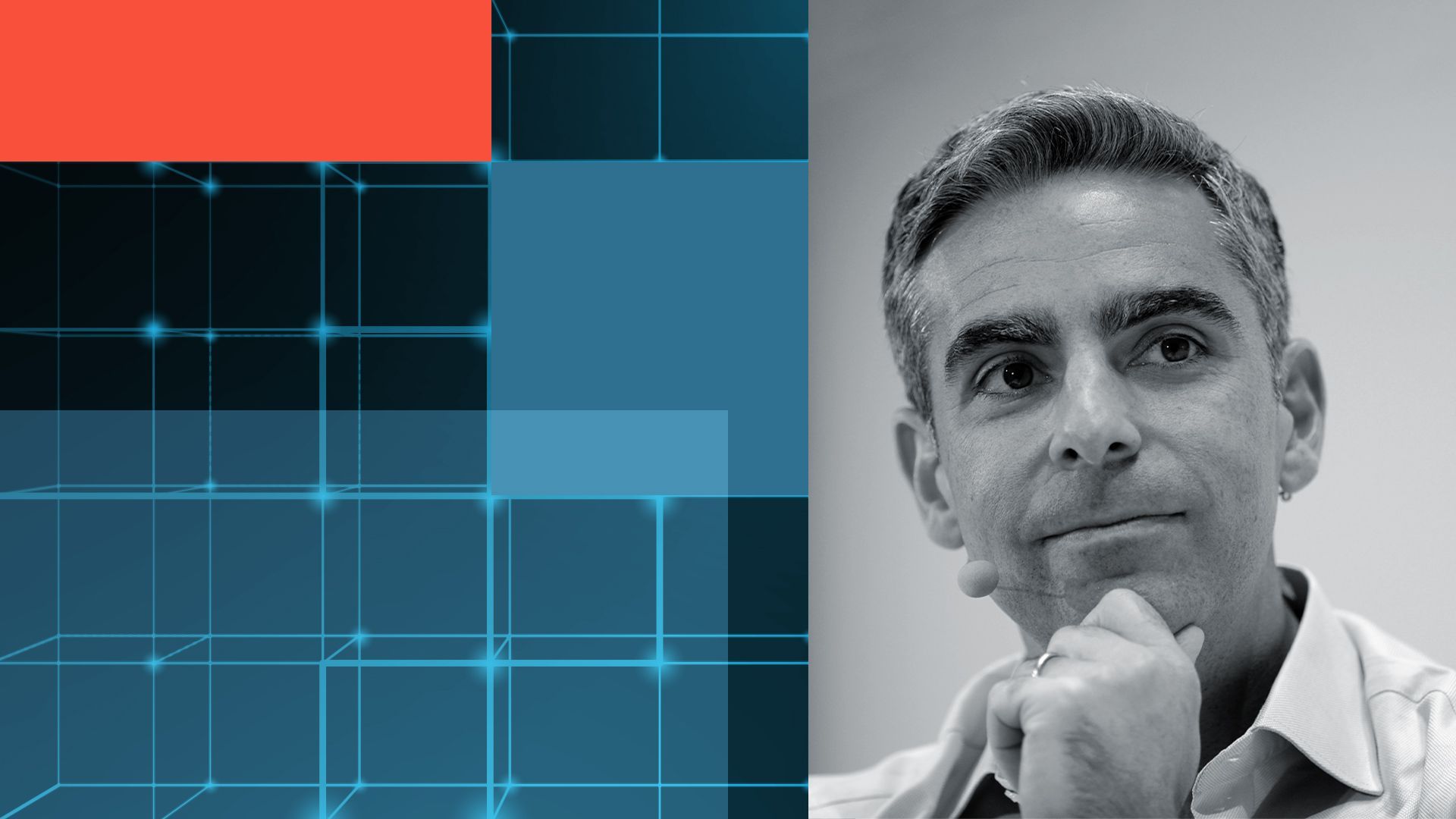Photo illustration of David Marcus surrounded by abstract shapes and a digital grid.
