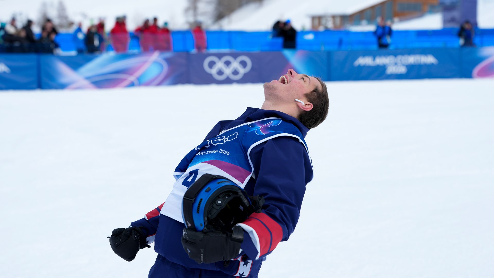 Colorado's Jake Canter celebrates his bronze medal in the men's snowboard slopestyle competition. Photo: Millo Moravski/Agence Zoom/Getty Images