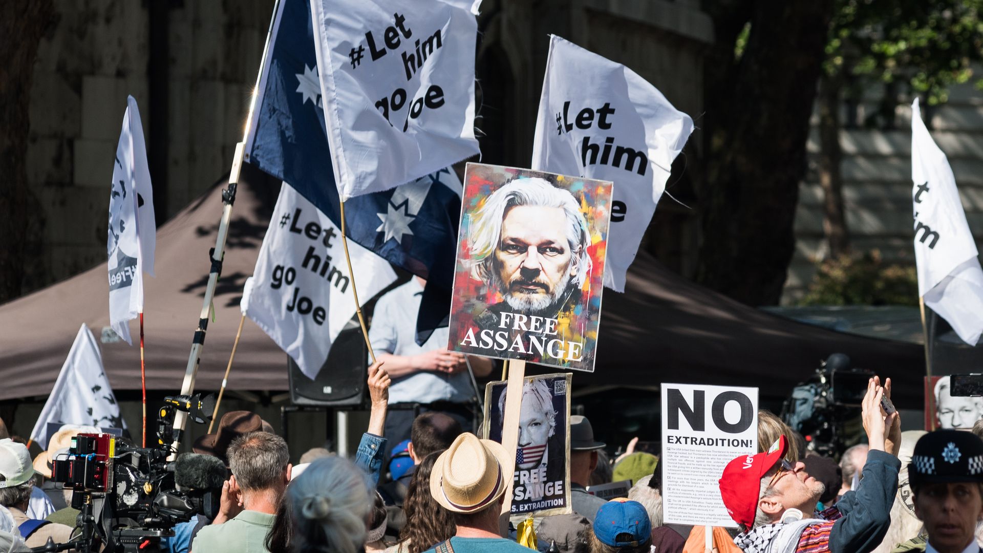 Supporters of Julian Assange demonstrate outside the Royal Courts of Justice as the High Court is set to deliver a ruling whether Assange can appeal against the US's extradition order in London, United Kingdom on May 20, 2024