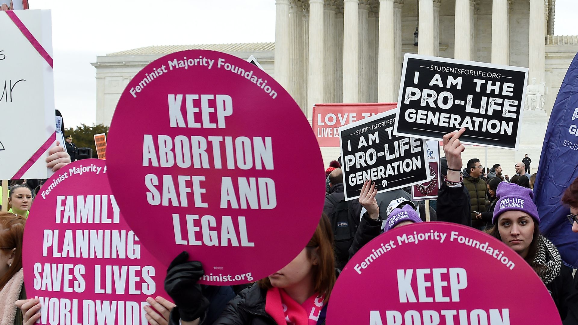 Abortion rights and anti-abortion rights activists protest in front of the U.S. Supreme Court in January 2020.
