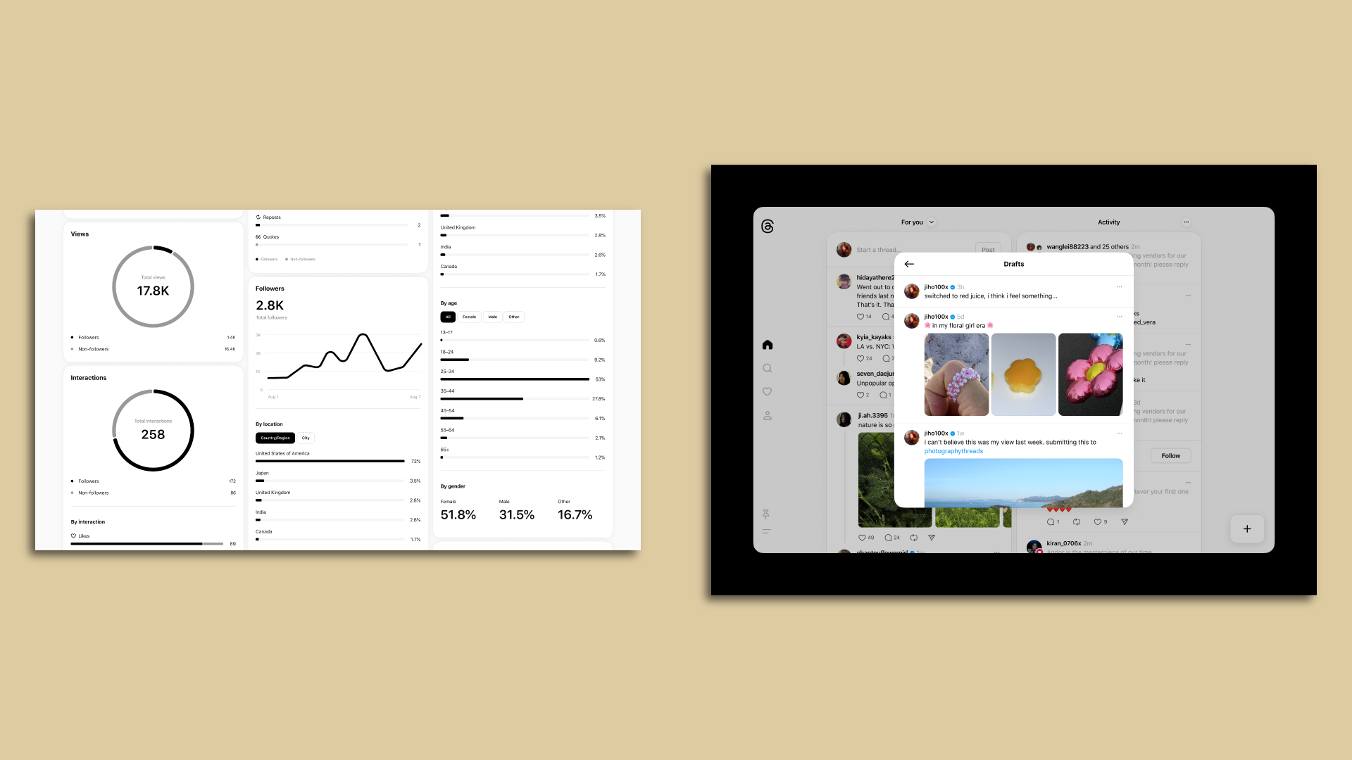 two screenshots of Meta's new tools for monetizing and scheduling posts on Threads