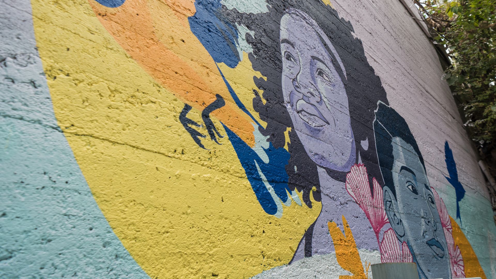 Colorful mural on a brick wall depicting two faces with natural hair surrounded by bluebirds and abstract floral shapes in yellow, blue, orange, and pink hues.