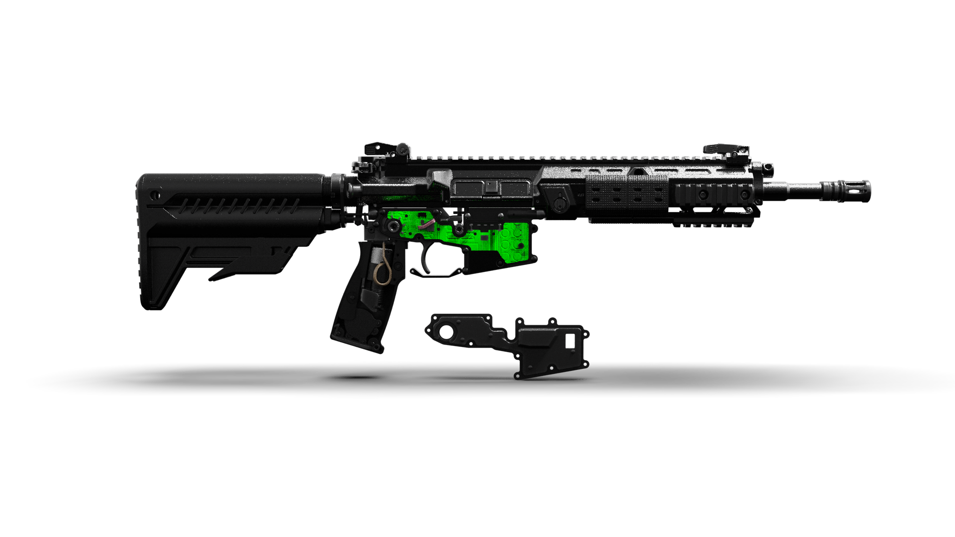 A rifle with a segment near the trigger guard removed to show an internal computer.