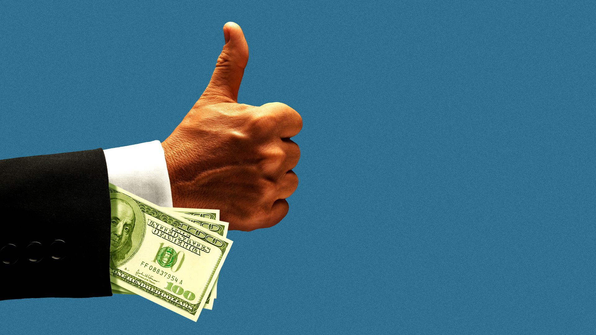 An illustration shows a cash-stuffed sleeve and a hand giving a thumbs up.
