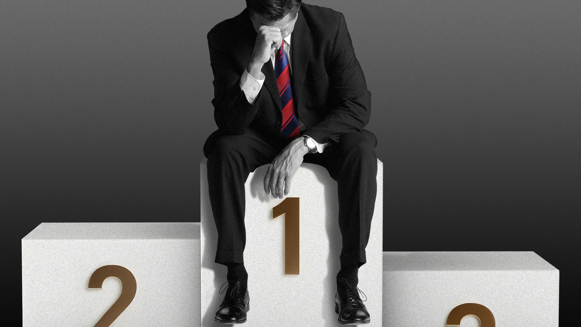 Illustration of a man in a suit sitting on a winner's podium, head in hand.