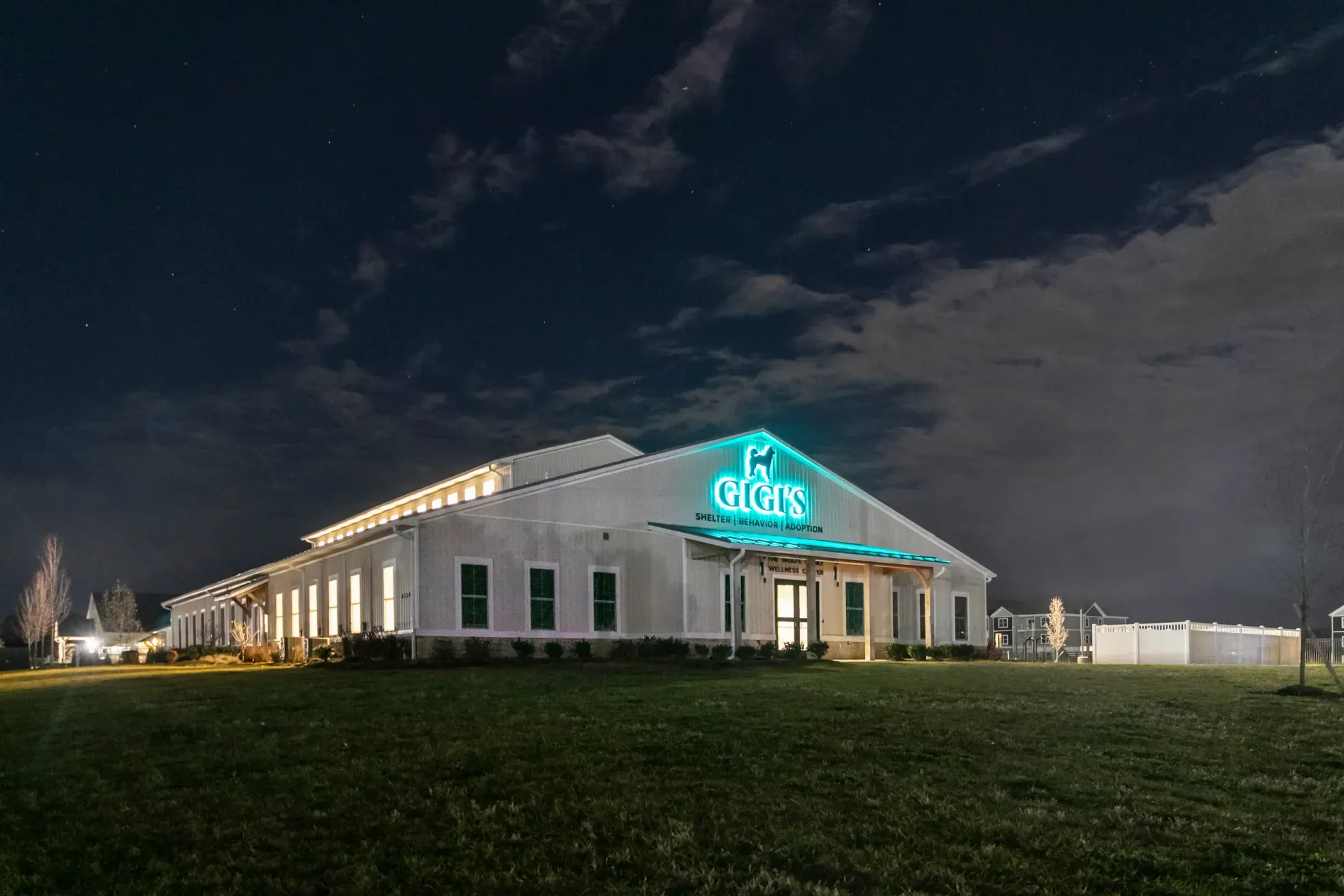 Night view of a pet shelter building with a teal dog logo sign reading Shelter Behavior Adoption. Windows glow along the side, and a cloudy night sky looms over a grassy field.