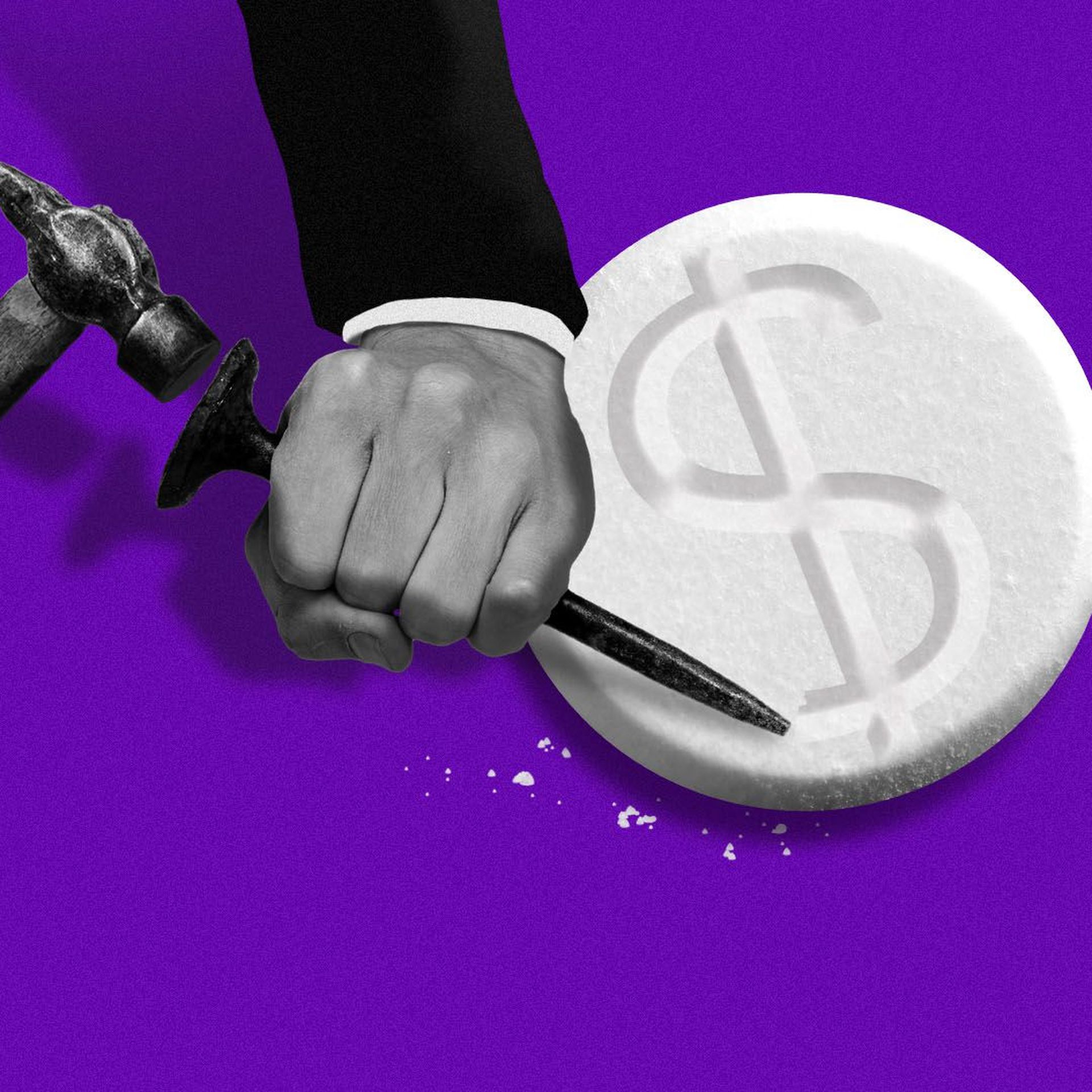 Illustration of hands in a suit chiseling a dollar sign into a pill