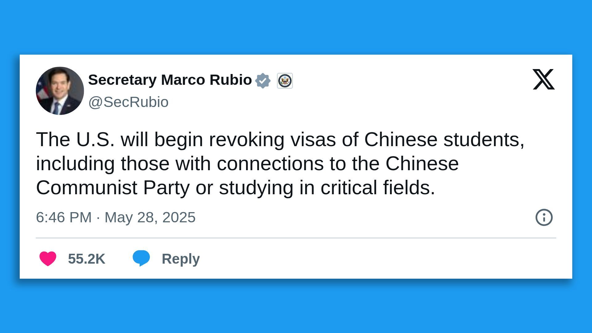 Marco Rubio tweet: The U.S. will begin revoking visas of Chinese students, including those with connections to the Chinese Communist Party or studying in critical fields.