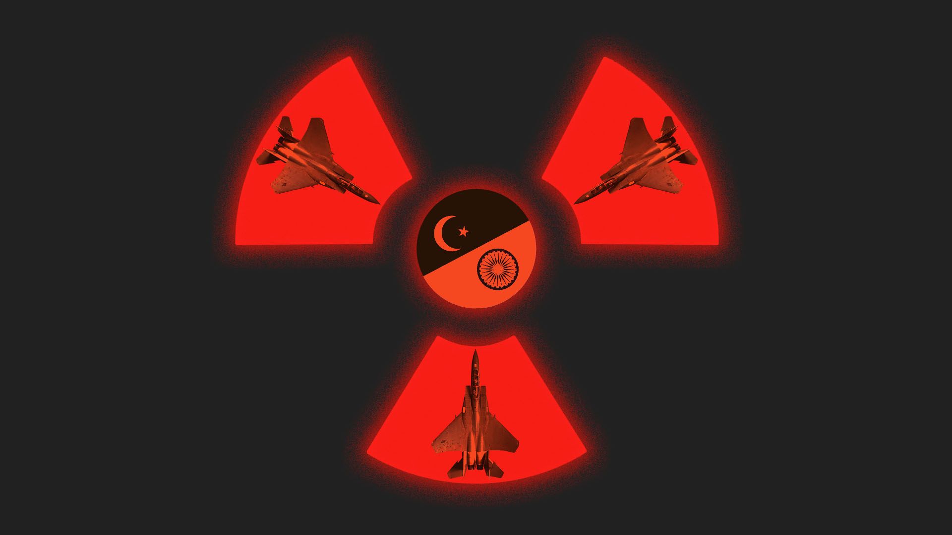Illustration of nuclear war symbol made up of fighter jets and flags of Pakistan and India