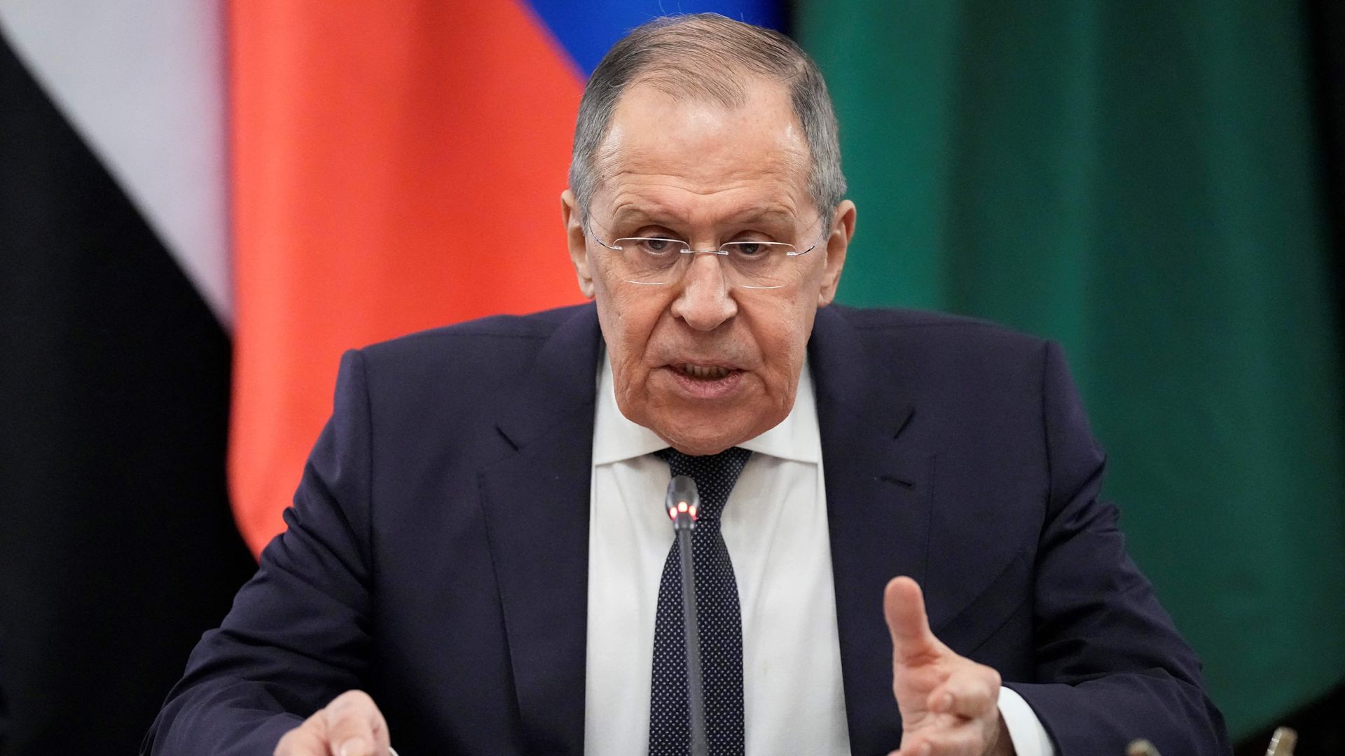 Russian Foreign Minister Sergei Lavrov speaks during his talks with representatives of the Arab League states in Moscow on April 4.