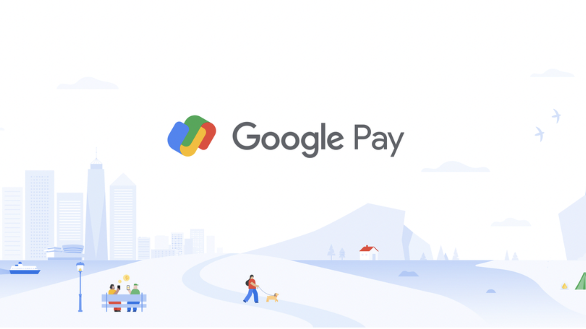 A Google Pay logo against a cityscape