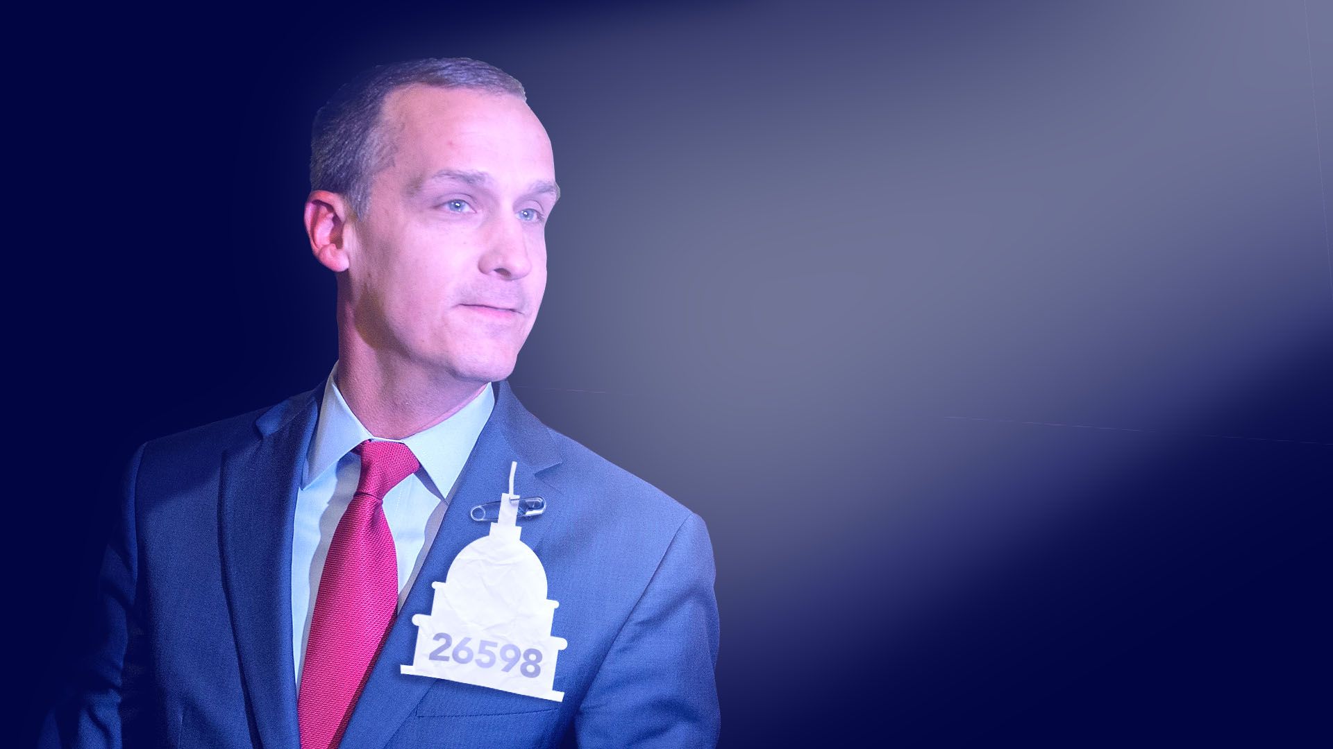 Illustration of Corey Lewandowski with a spotlight on hm and number pinned to his chest in the shape of the Capitol building