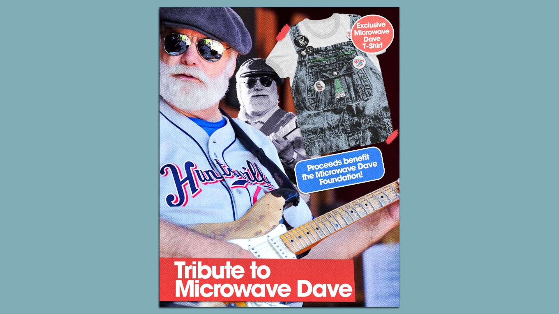 Poster collage titled "Tribute to Microwave Dave" showing a bearded guitarist in sunglasses and a cap, a denim vest image, circular badges, a blue badge about the foundation, and a red title strip.