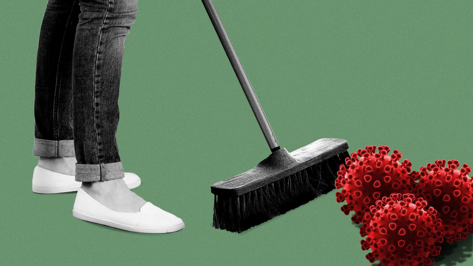 Illustration of a young worker sweeping up COVID-19.