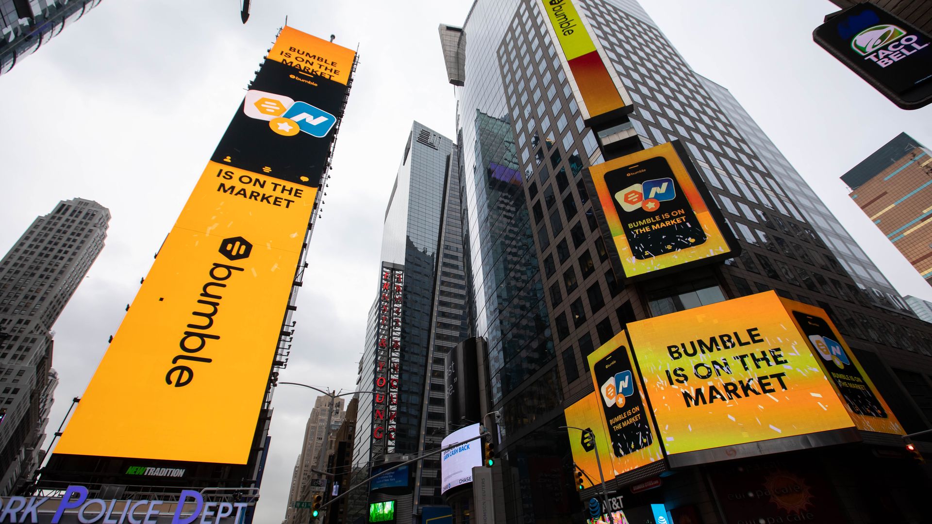 Monitors display Bumble Inc. signage during the company's initial public offering