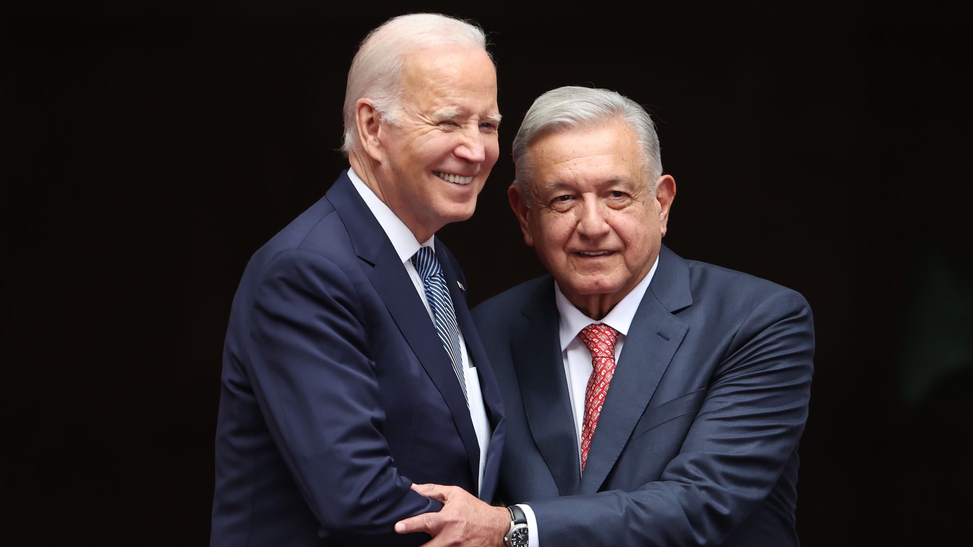 President Joe Biden and President of Mexico Andres Manuel Lopez Obrador shake hands at the '2023 North American Leaders' Summit at Palacio Nacional on January 09, 2023 in Mexico City, Mexico. 