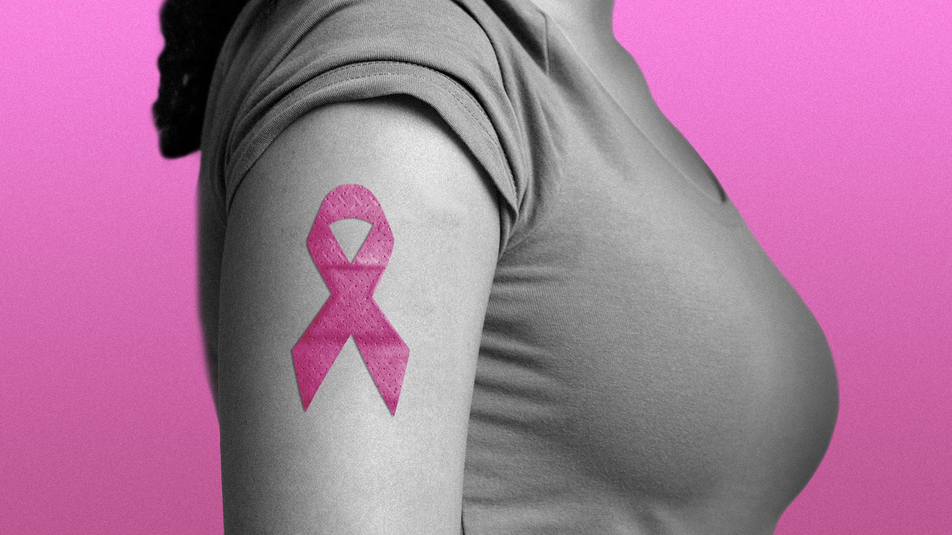 Illustration of a pink bandaid shaped like a ribbon on a woman's arms.