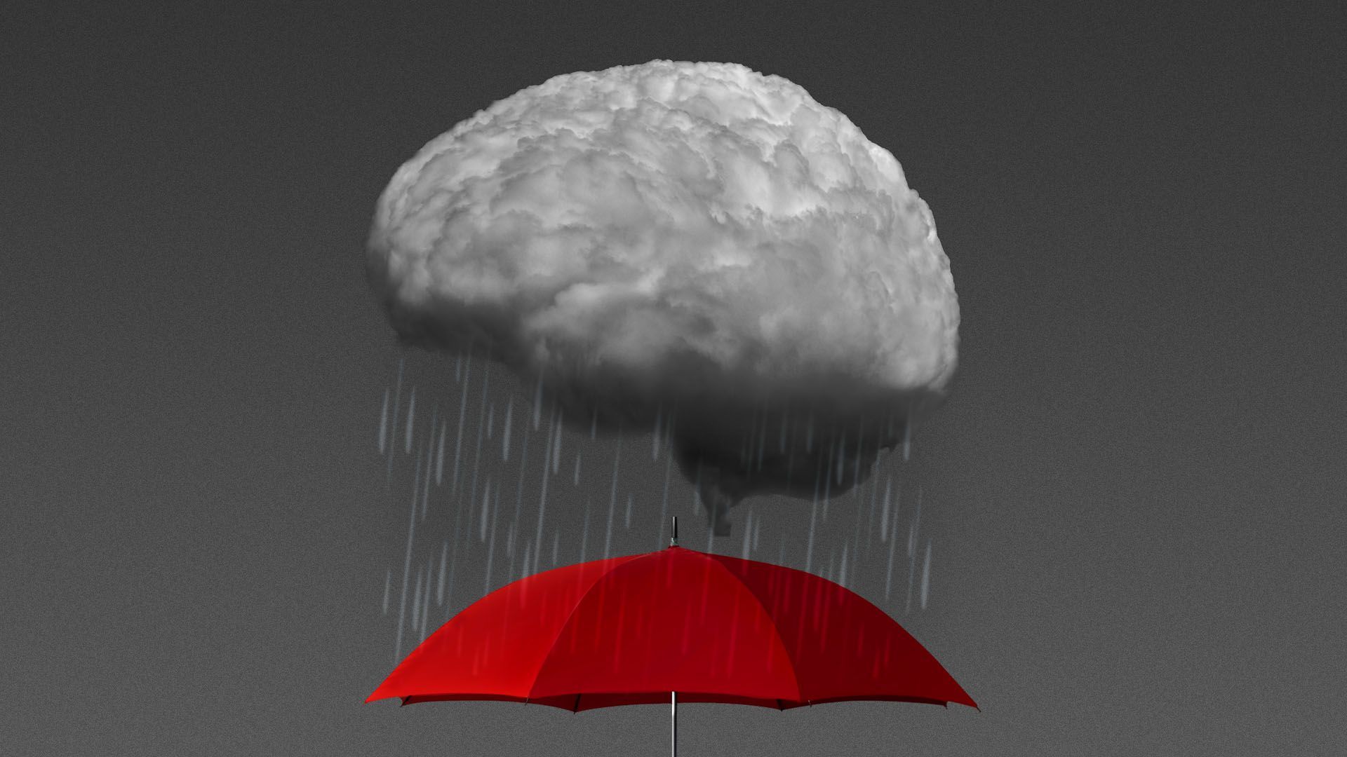 Illustration of a cloud in the shape of a brain raining on an open umbrella