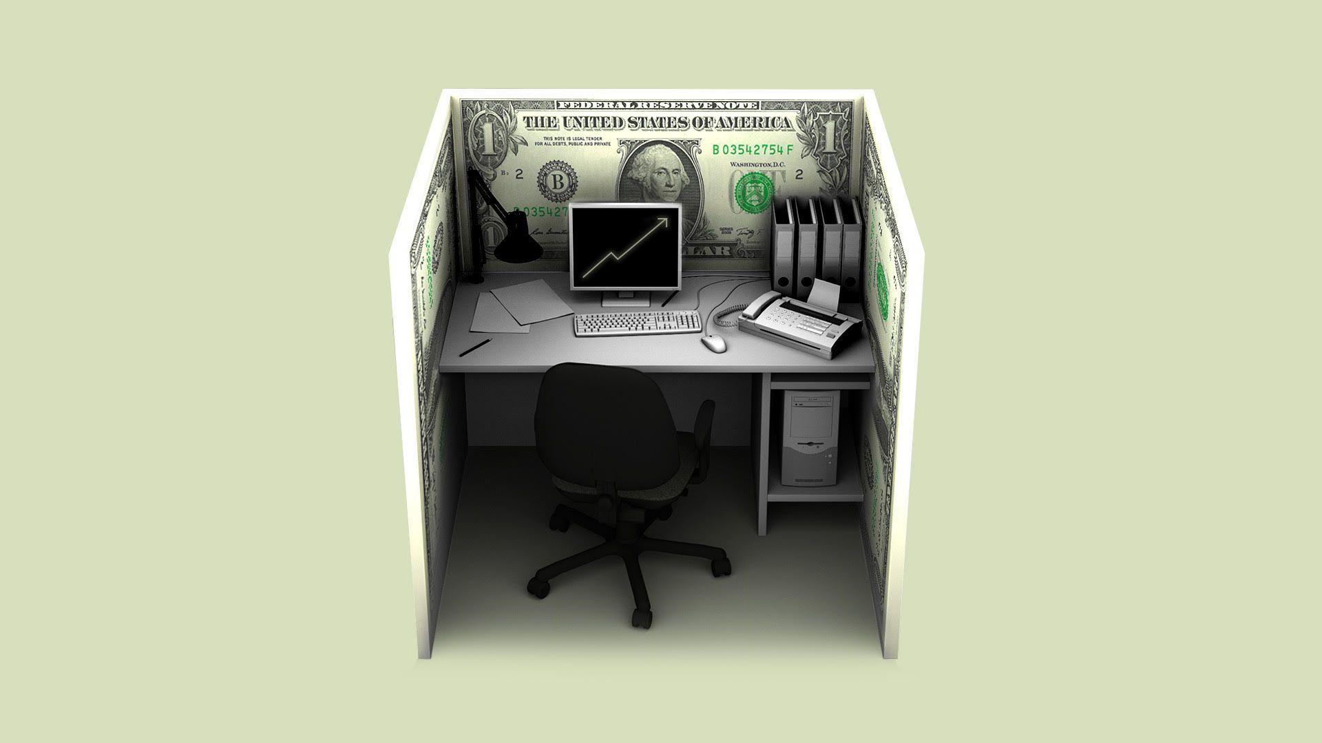 Illustration of  a cubicle made of money.