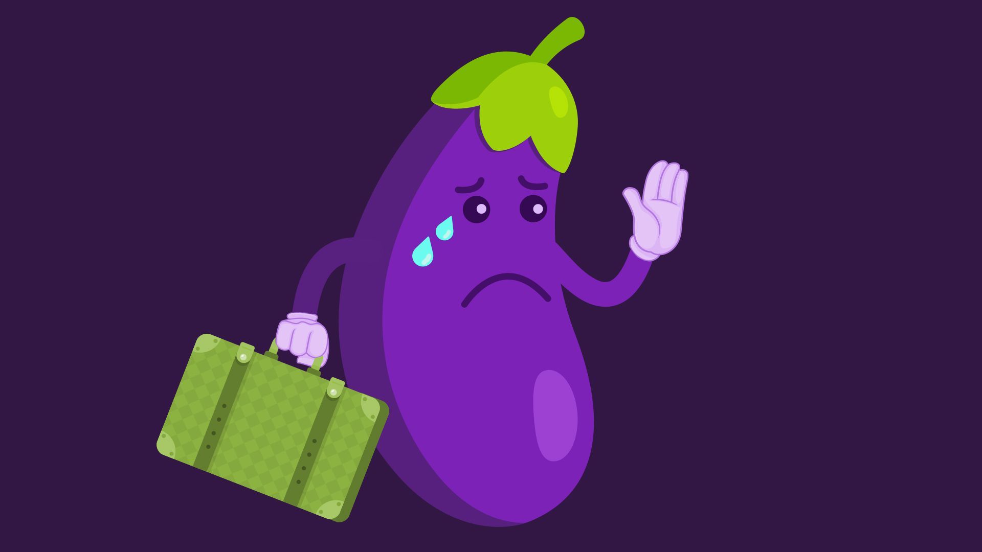 Illustration of a sad eggplant holding a suitcase and tearfully waving goodbye.