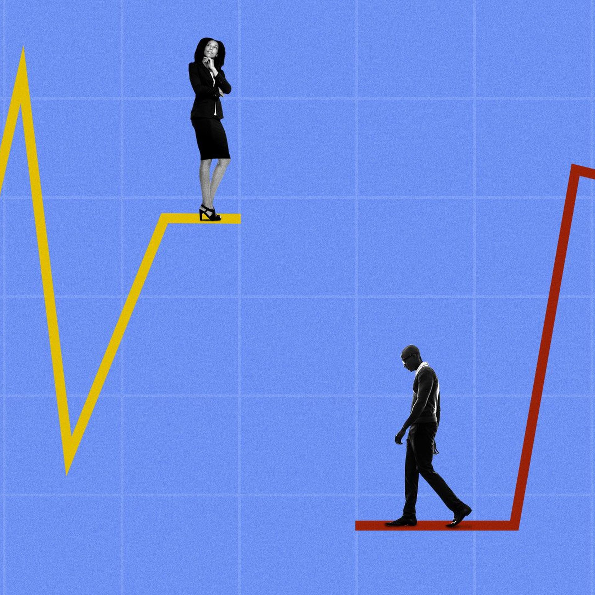 Illustration of two people standing at edge of line graph one high, one low