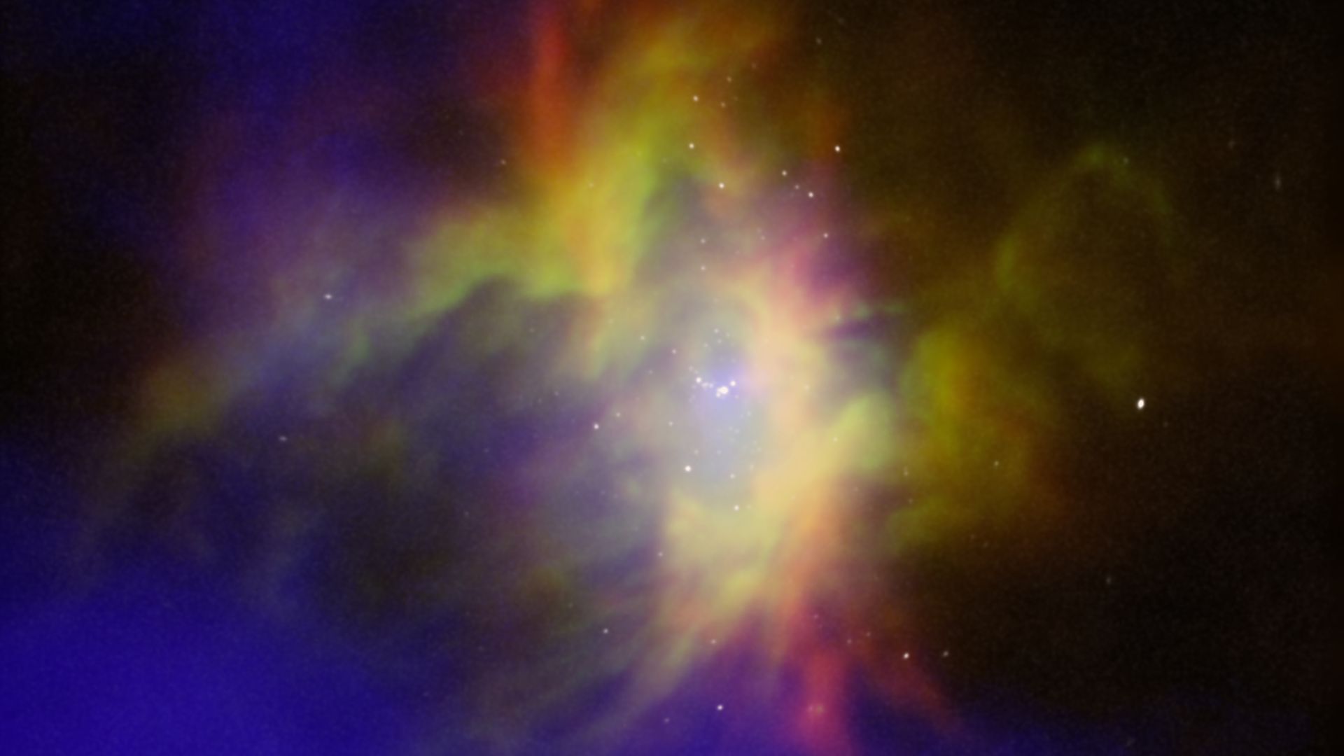 A composite image of RCW 36, a large cloud of ionized hydrogen, that includes X-ray and infrared data