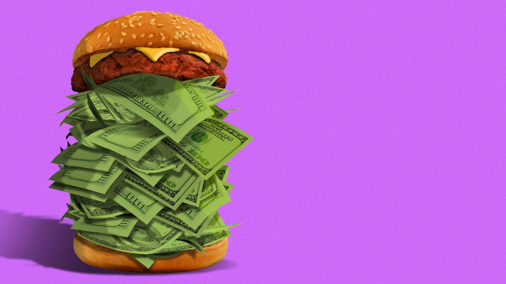 Illustration of a burger stacked high with money