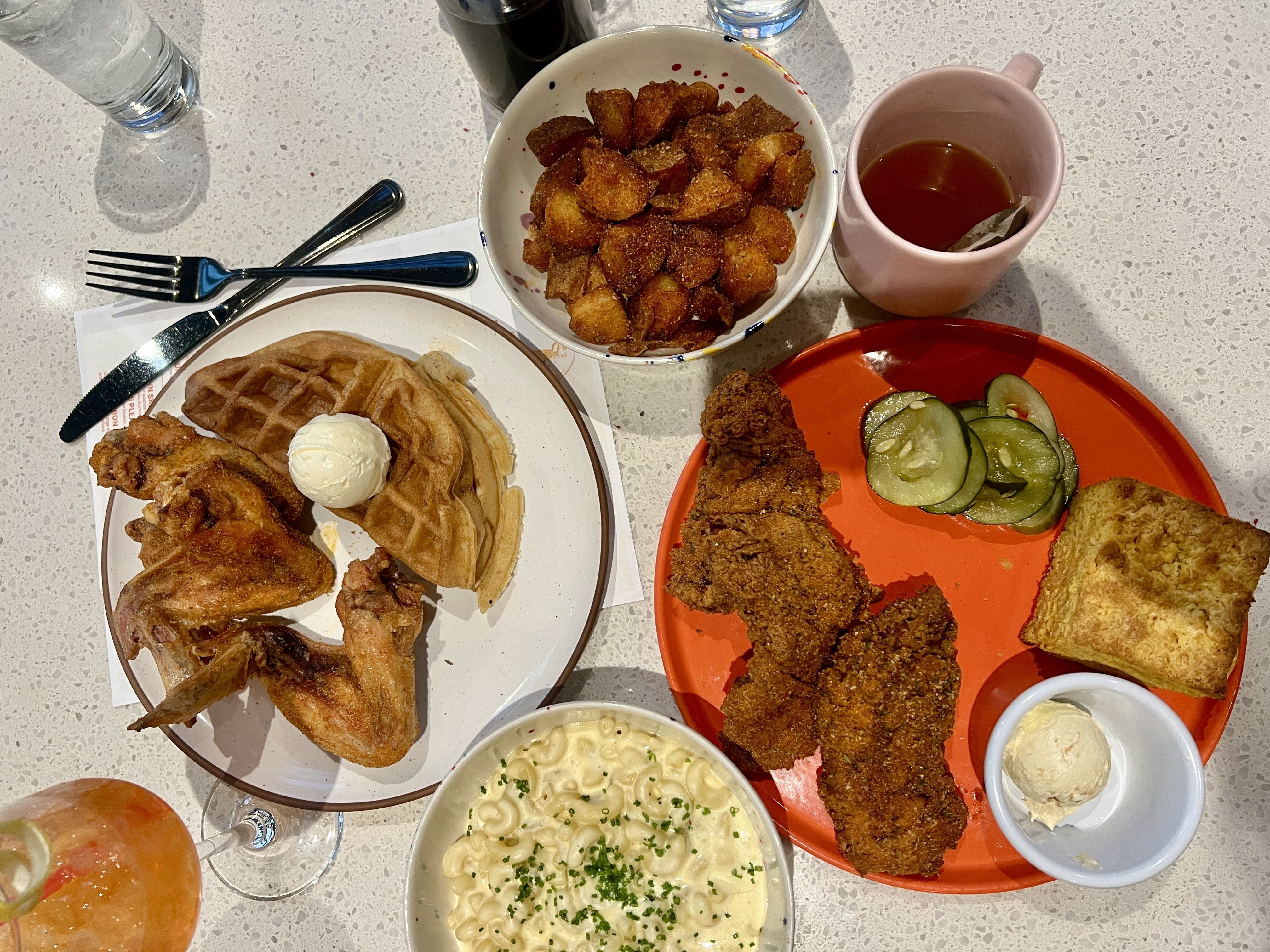 aerial view of breakfast items