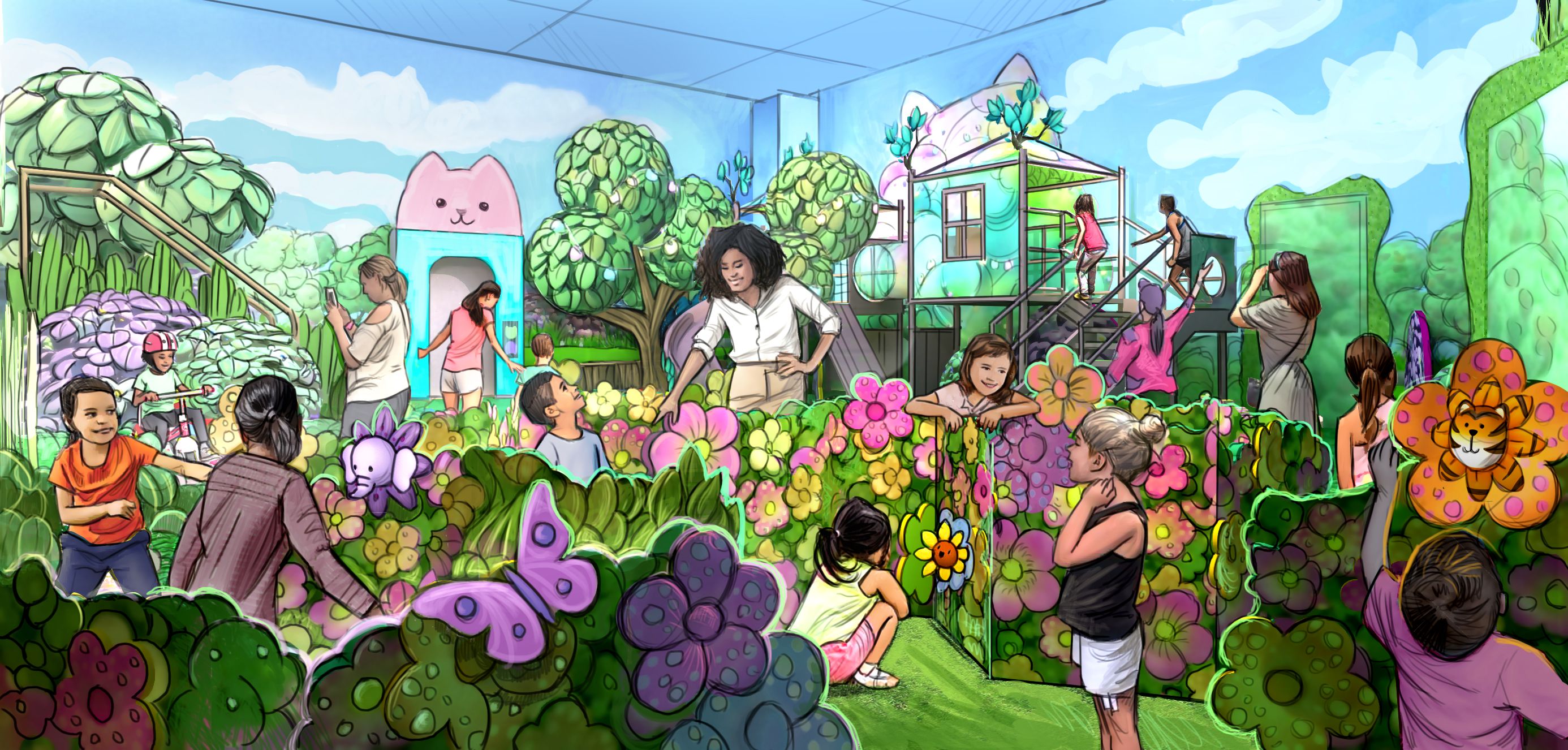 Colorful indoor playground with children and adults surrounded by large flower, butterfly, and animal decorations, climbing structures, and a playful cat-themed slide under a blue sky ceiling.
