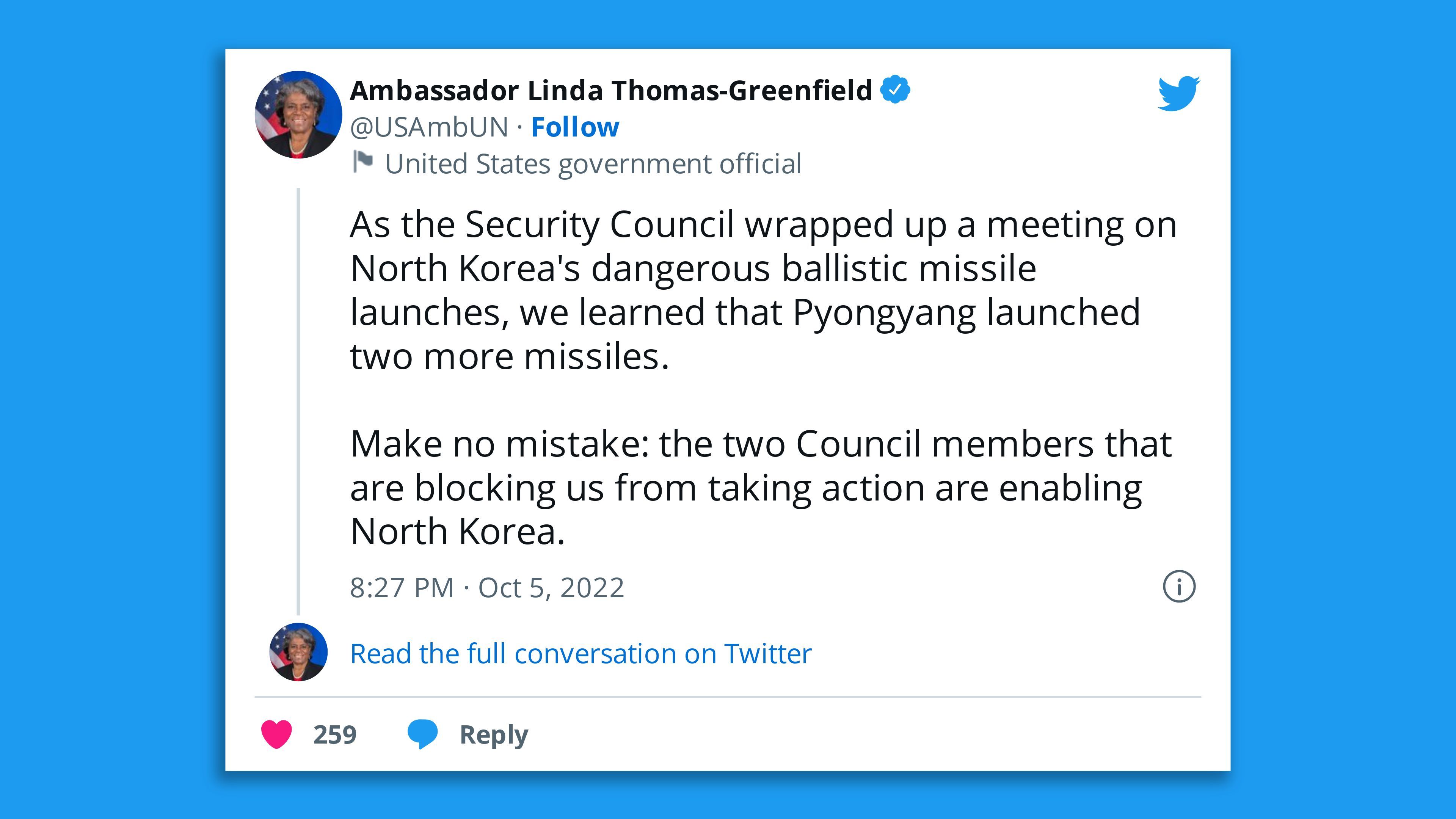 Daily News | Online News A screenshot of a tweet from Linda Thomas Greenfield blaming Beijing and Moscow for Pyongyang firing more missiles.