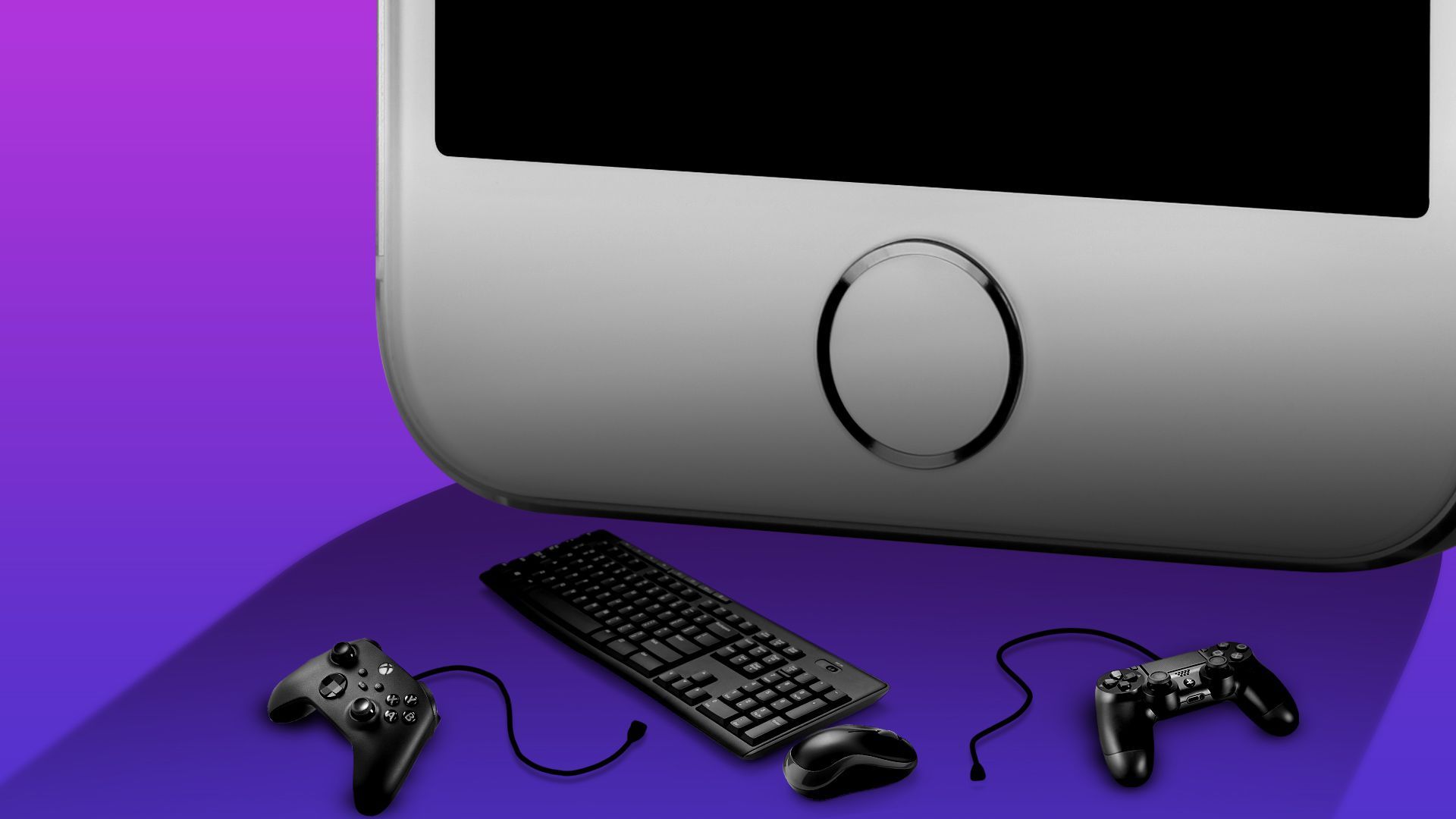 Illustration of a giant mobile phone casting a shadow over gaming controllers and a mouse and keyboard.