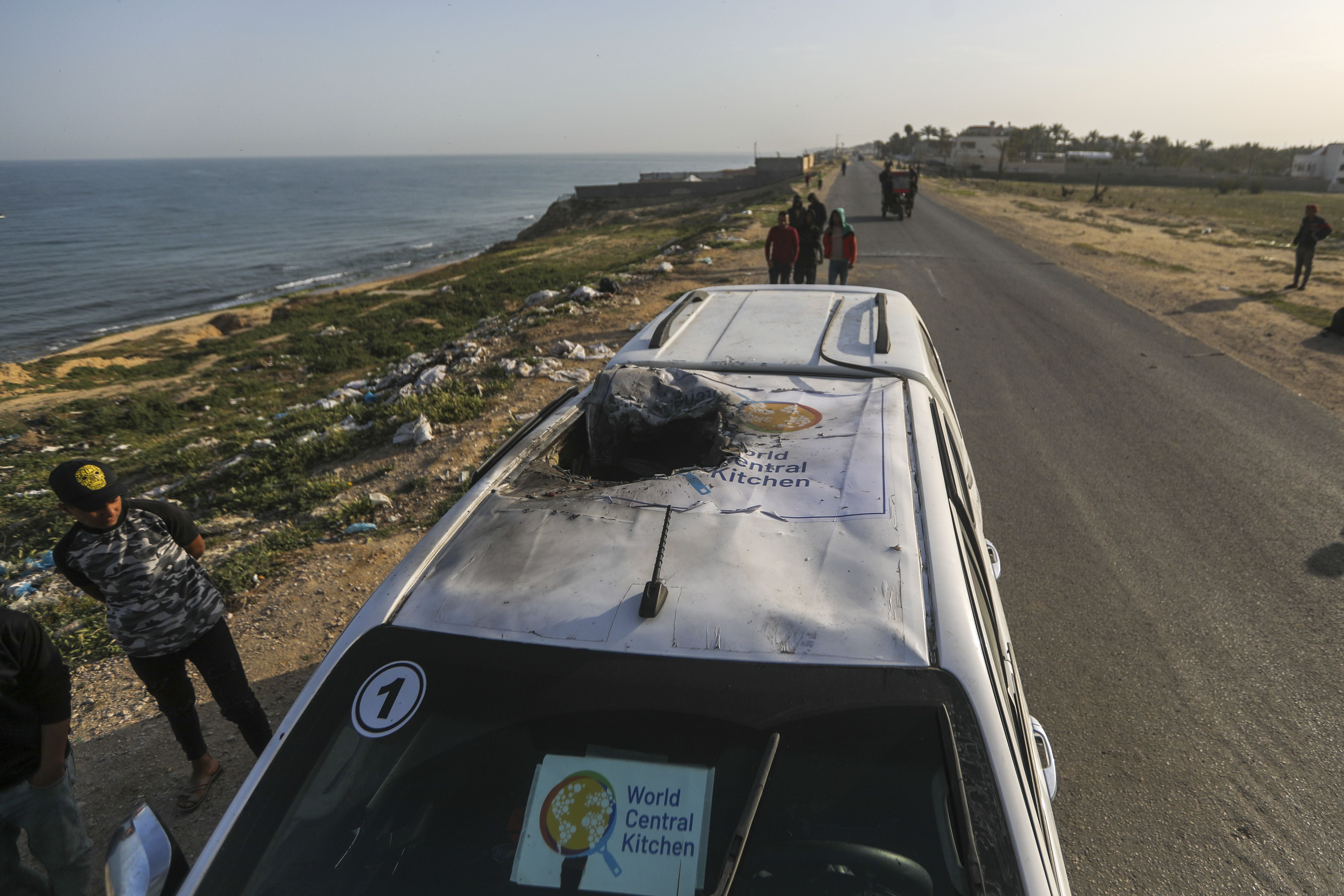 A vehicle with the logo of the World Central Kitchen after being by an Israeli airstrike in Gaza.