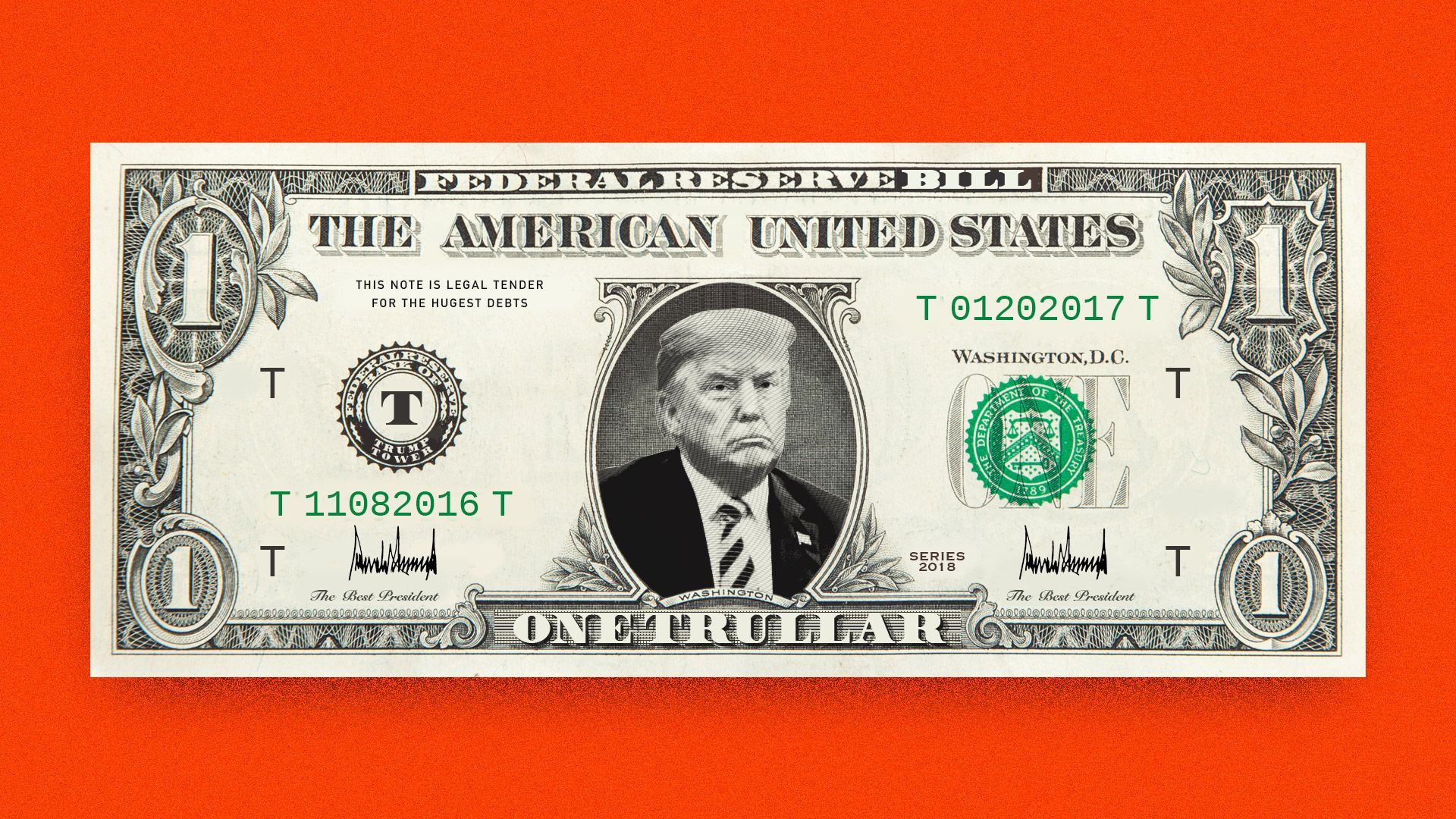 A illustration of a Trump dollar bill