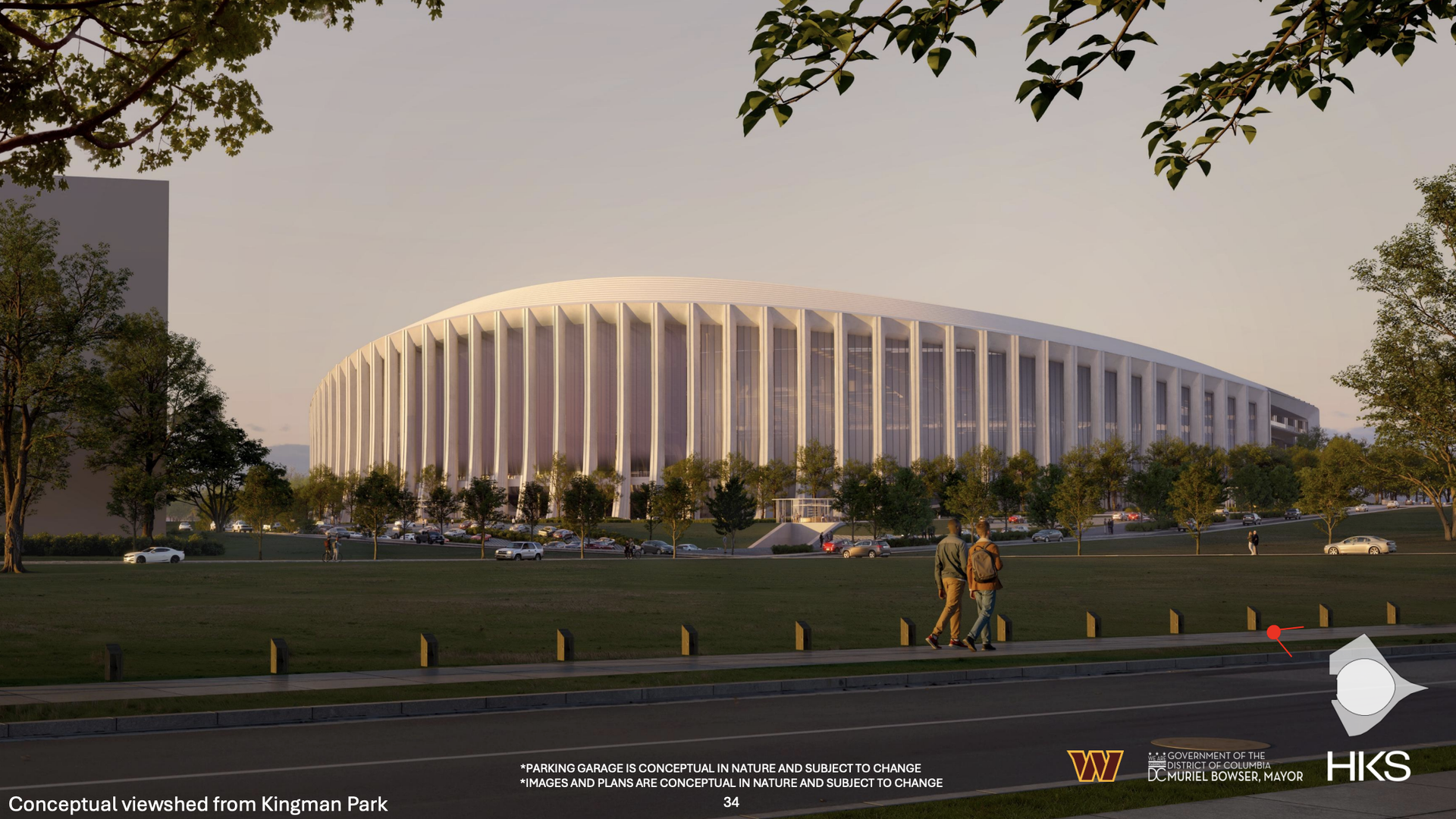Sunset view of a white, oval stadium with vertical fins, surrounded by a green park; cars line the road and pedestrians walk along the foreground.